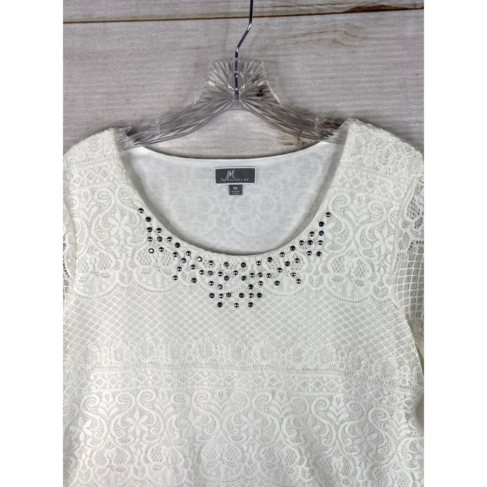 JM Collection JM Collection White Lace Studded Scoop Neck 3/4 Sleeve Blouse M Womens Regular Size Stretch Knit Top Size M / US 6-8 / IT 42-44 - 2 Thumbnail