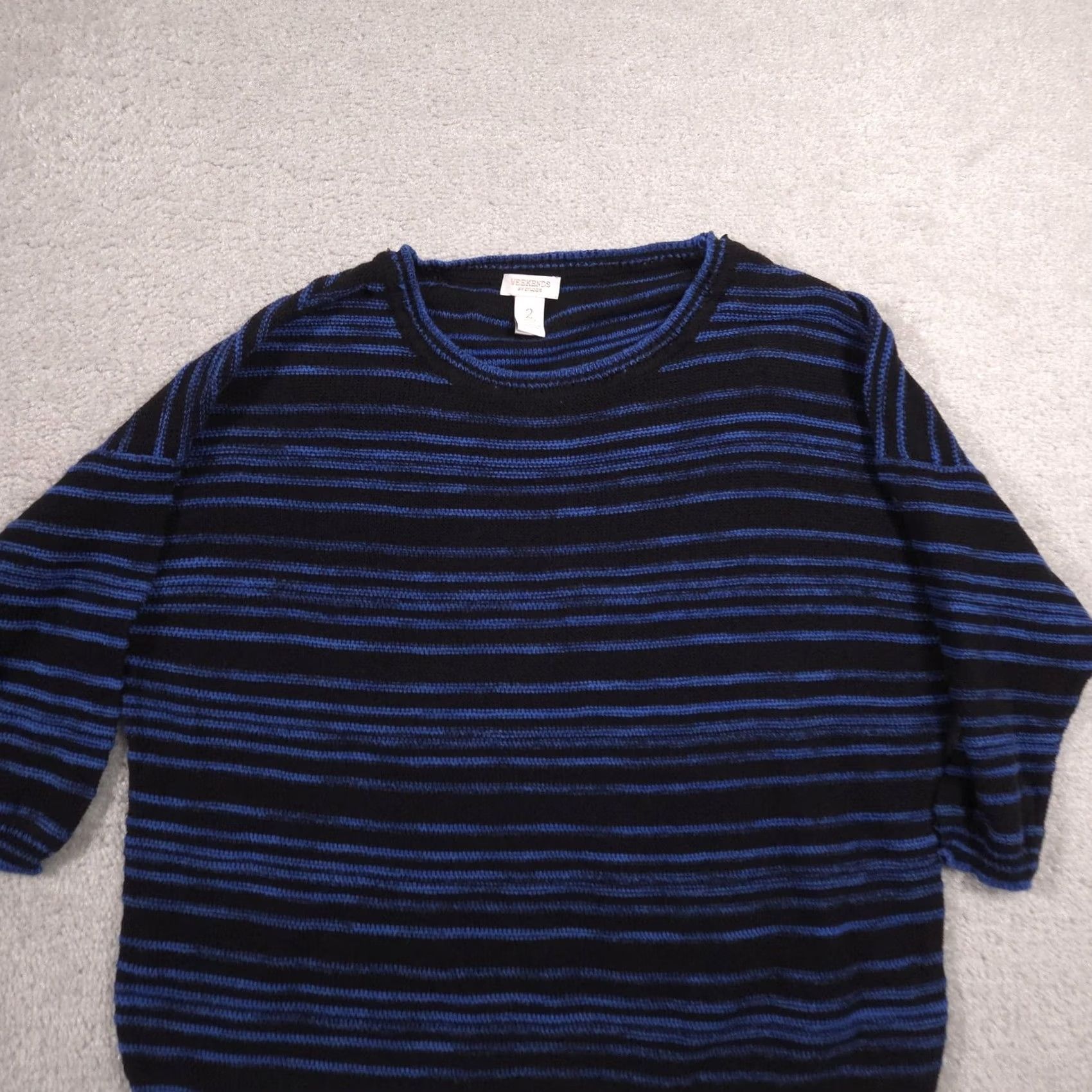 Vintage Weekends by Chico's Sweater Womens 2 Black 100% Cotton Striped Knit Pullover Shirt Pullover Crew Neck 3/4 Sleeve Casual Fall Womens Size XS / US 0-2 / IT 36-38 - 3 Thumbnail