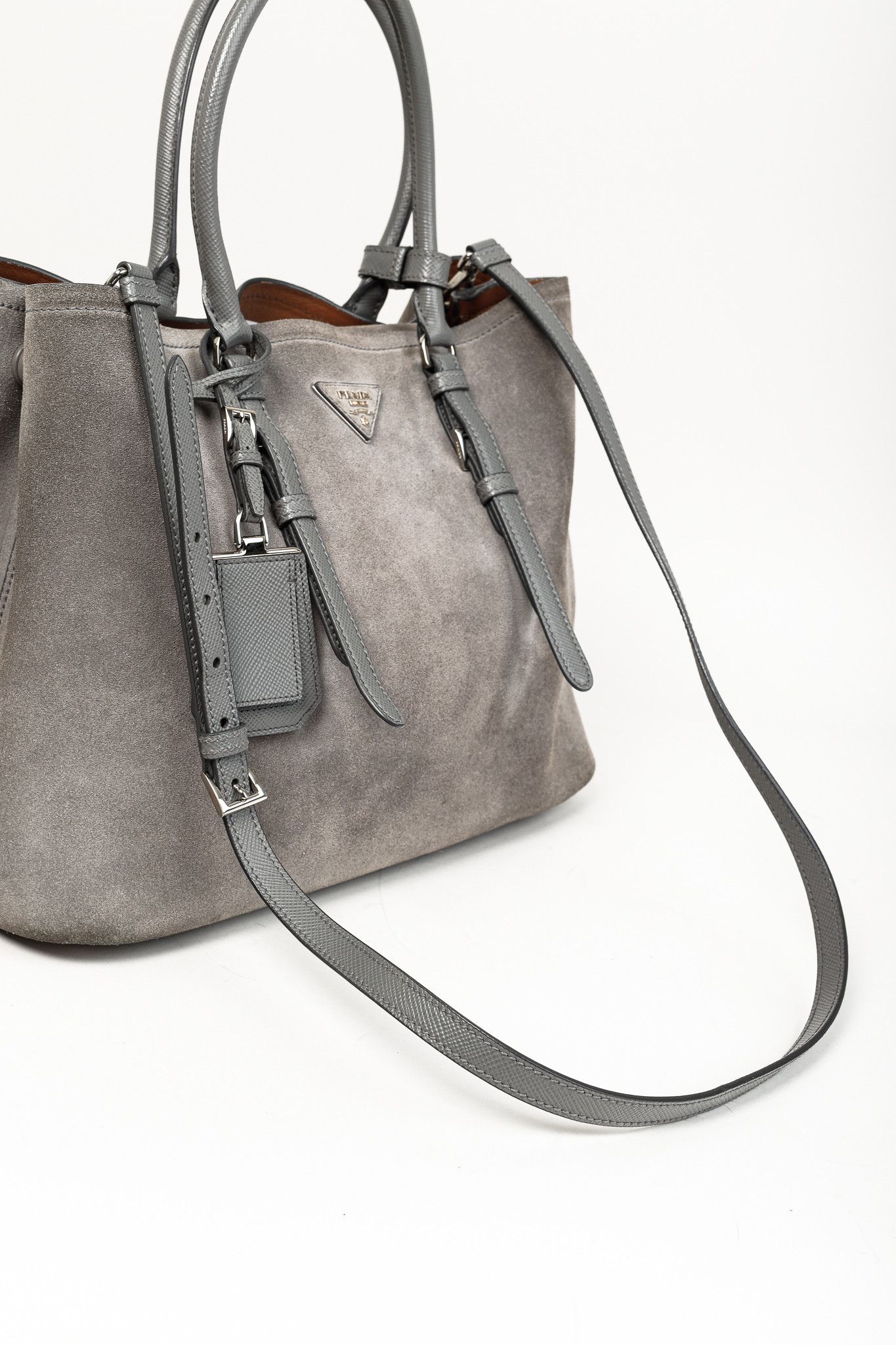Prada Prada Acciaio Scamosciato Grey Suede Double Bag Tote Size ONE SIZE - 7 Thumbnail