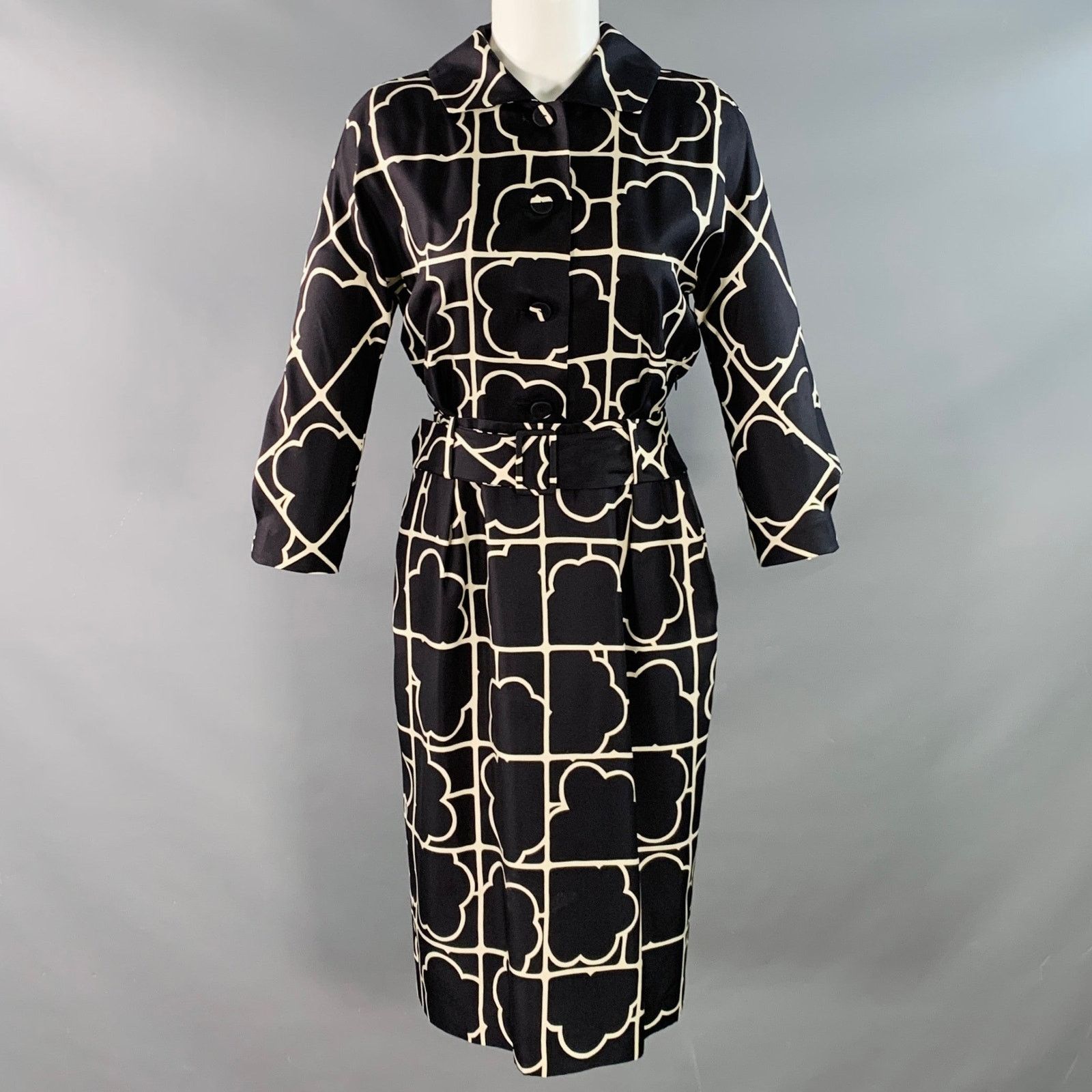 Barneys New York Size 4 Navy White Silk Twill Geometric Belted Shirt Dress Size S / US 4 / IT 40 - 1 Thumbnail
