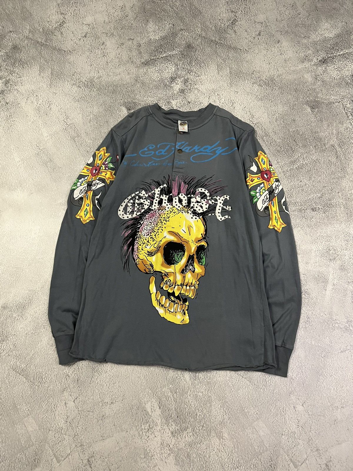 Vintage Y2k Ed Hardy Skull Cross Tattoo Rare Long Sleeve 00s