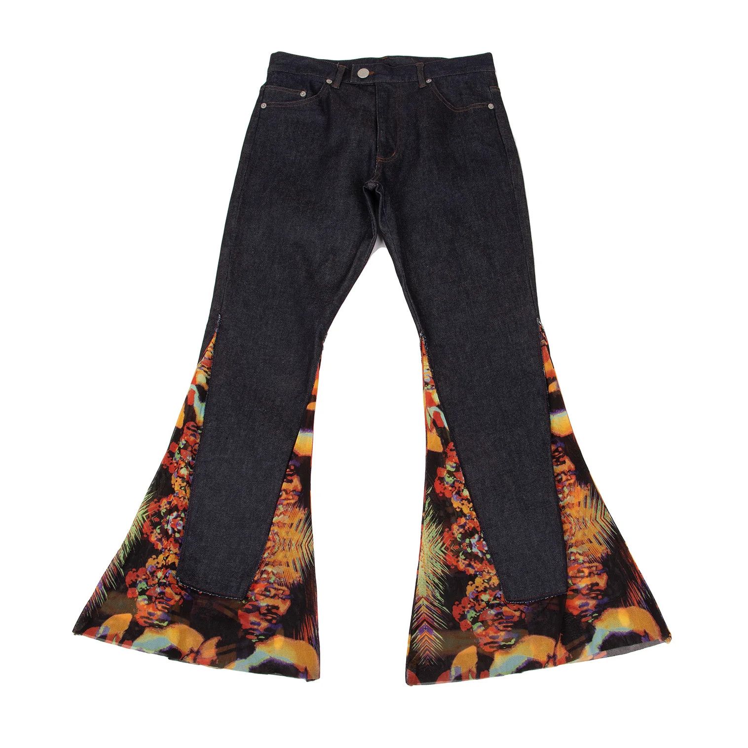 Psychedelic Pattern Power Net Flare Denim Pants Blue 46