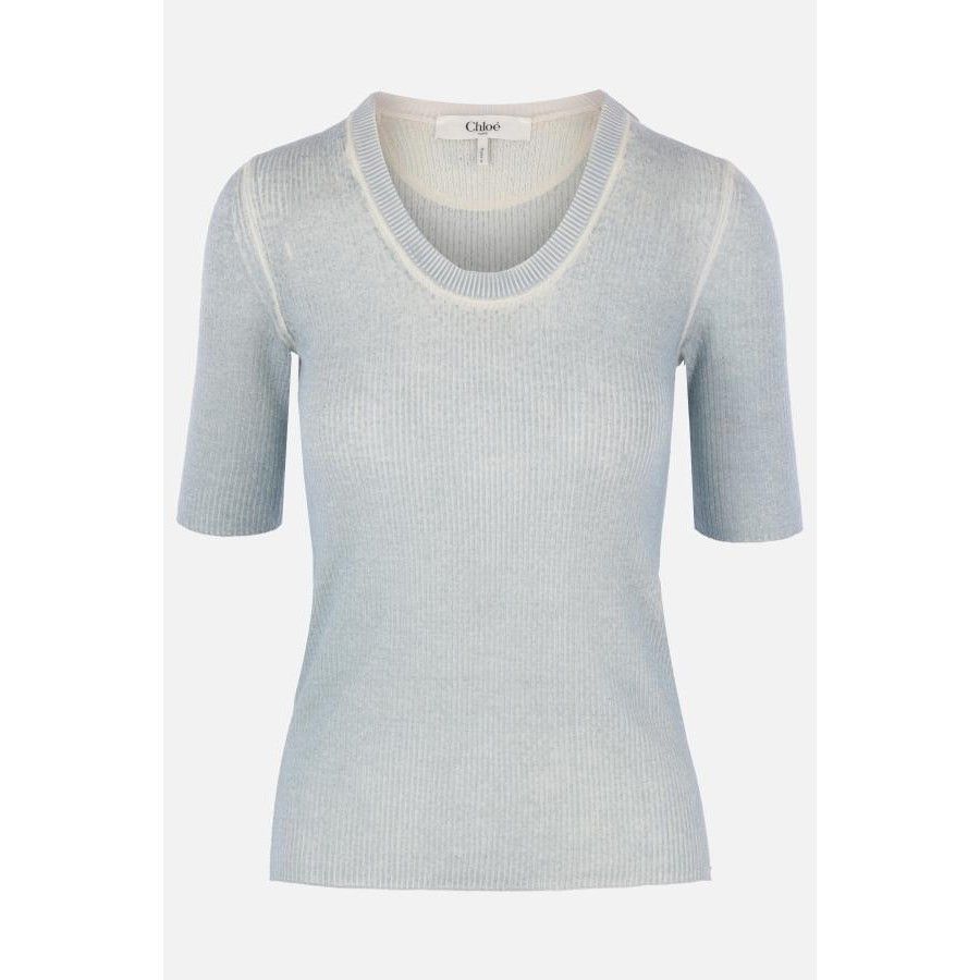 Other CHLOÉ Blue Rib Wool Blend Short Sleeve Sweater New & Authent Size M / US 6-8 / IT 42-44 - 1 Thumbnail