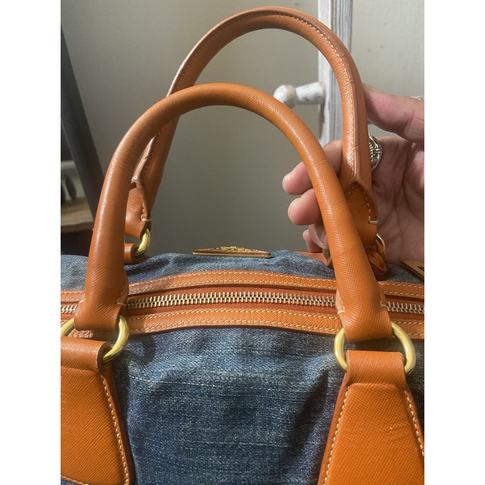 Prada Prada Bauletto blue denim orange saffiano 2way handbag, good Size ONE SIZE - 13 Thumbnail