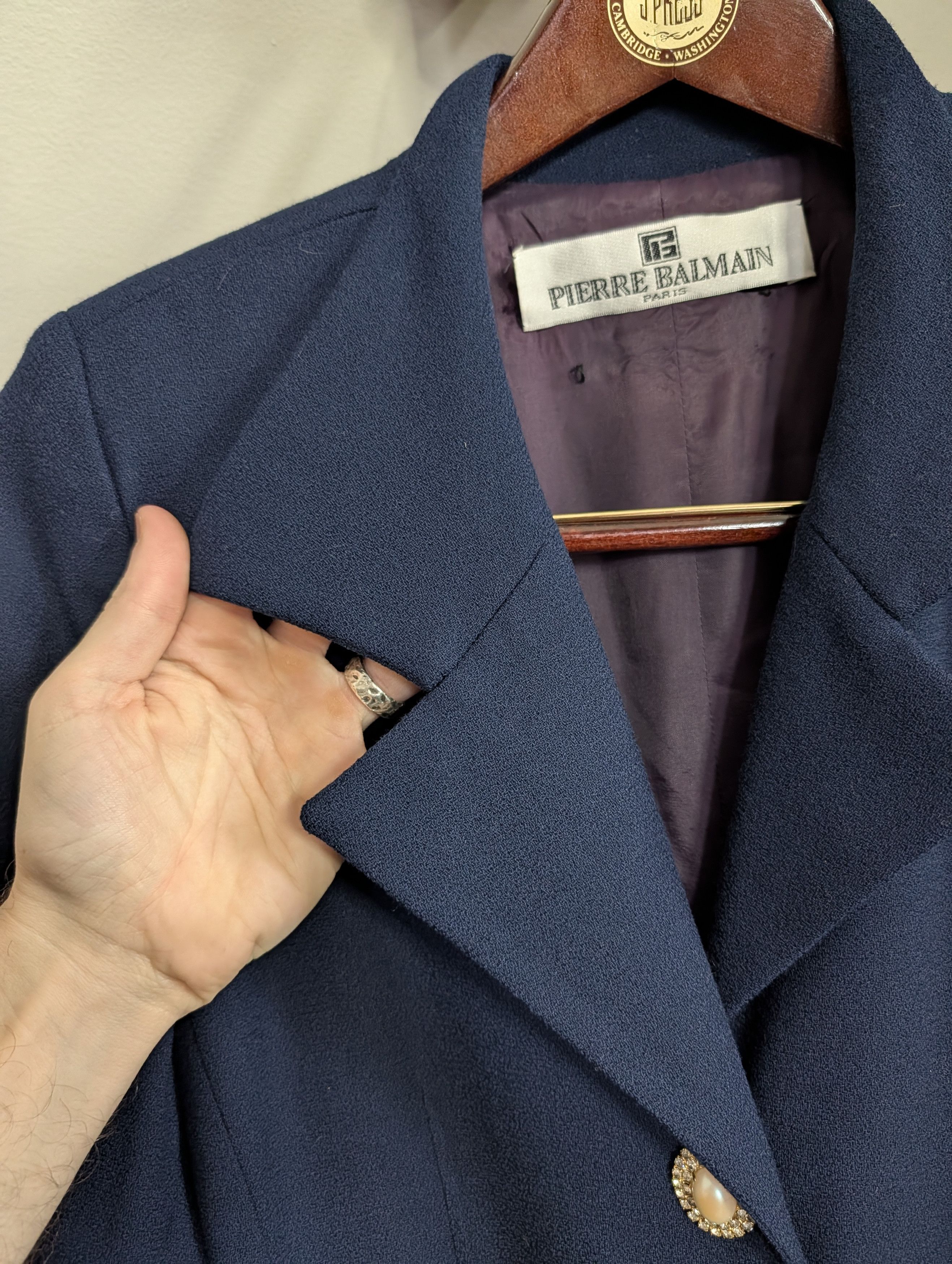 Pierre Balmain 80s VTG Navy Wool Pearl Crystal Gold Button Coat Dress Size L / US 10 / IT 46 - 6 Thumbnail
