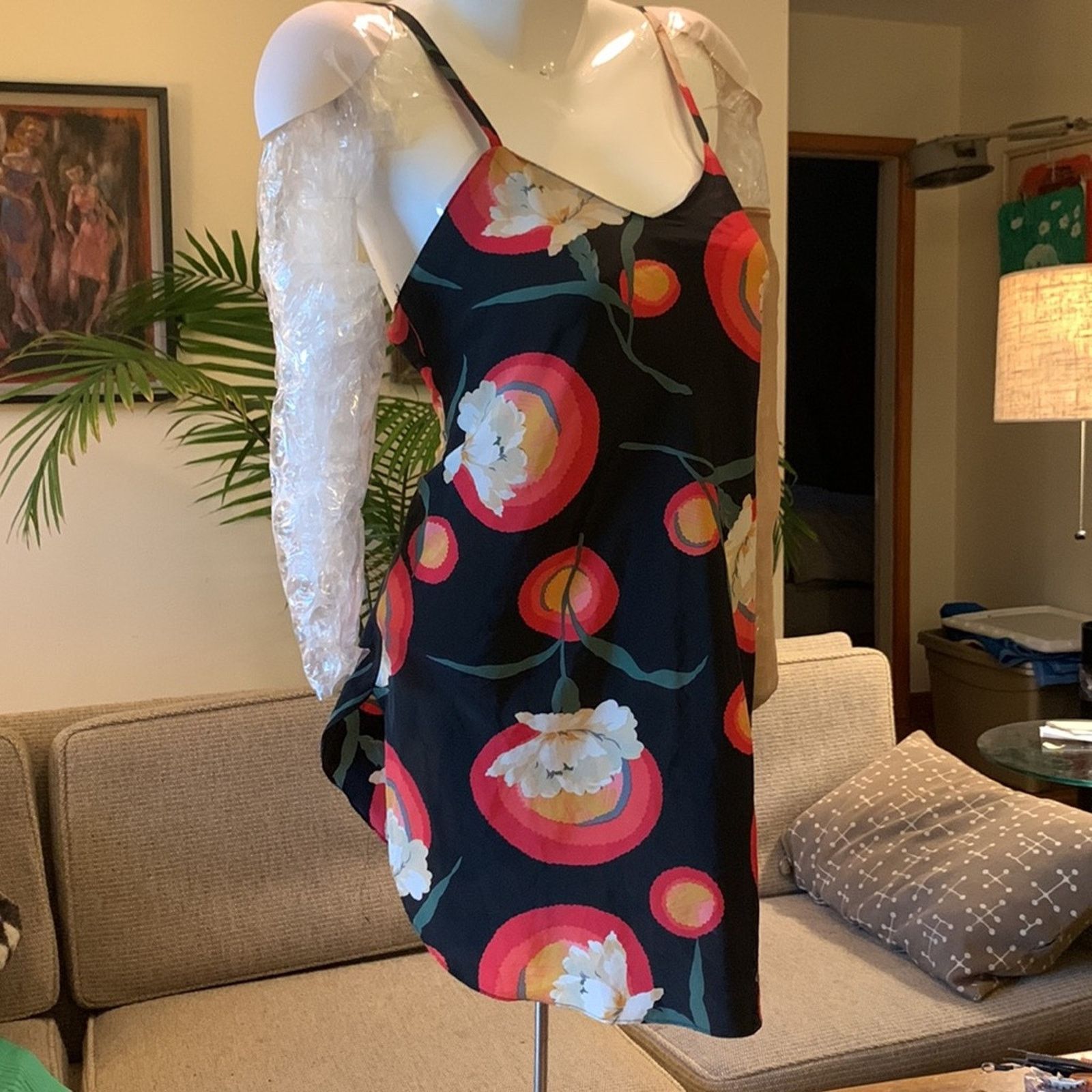 Vintage Floral cami camisole slip minidress art deco poppies Size S / US 4 / IT 40 - 3 Thumbnail