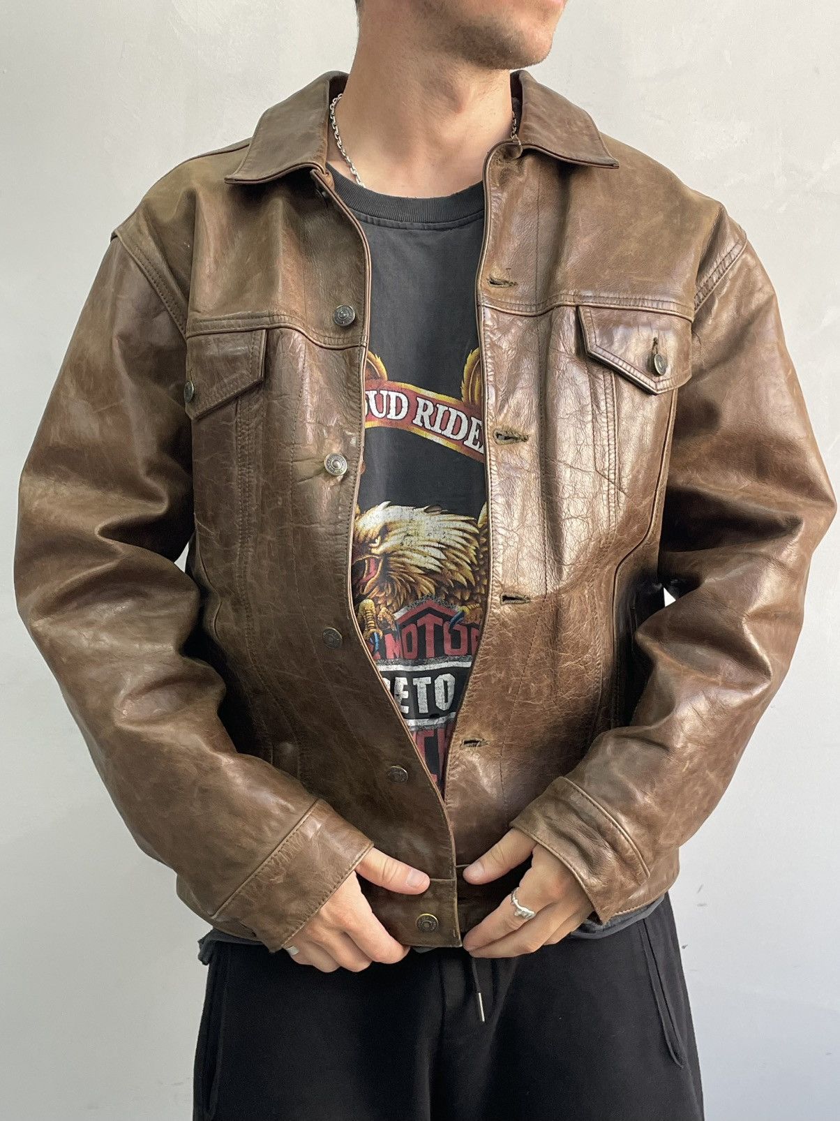 90s retro GAP trucker jacket brown leather
