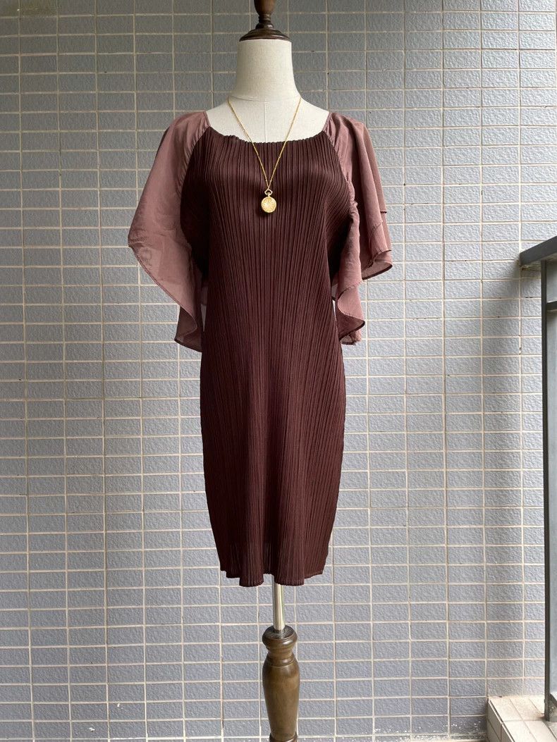 Issey Miyake Issey Miyake size:3 Brown silk lotus leaf sleeve dress Size M / US 6-8 / IT 42-44 - 1 Thumbnail