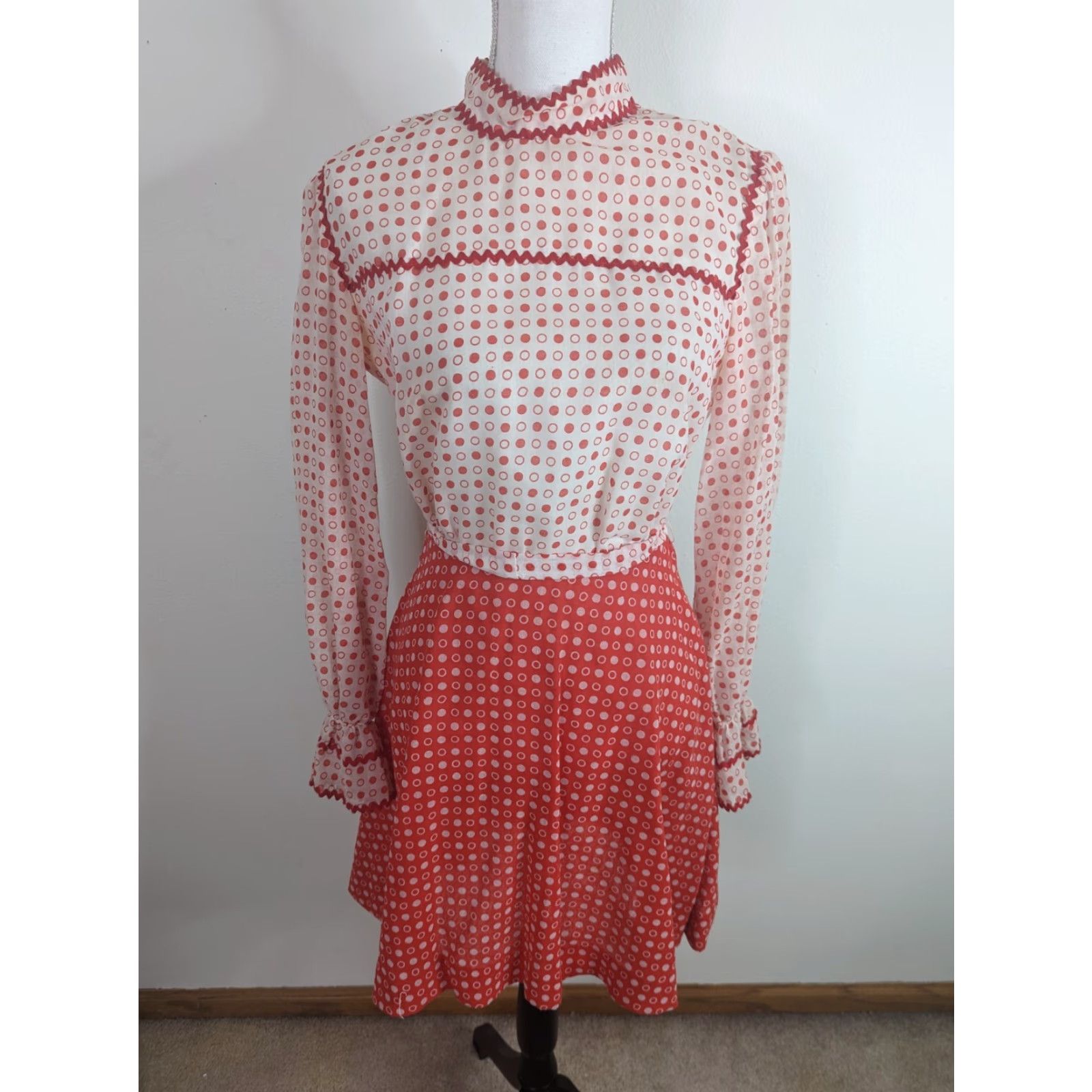 Vintage VINTAGE Dress Womens Red White Dots Cotton House Patio 60s Size XS D2 Midi A-Line 60s Retro Handmade Womens Size XS / US 0-2 / IT 36-38 - 2 Thumbnail
