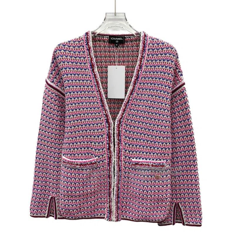Chanel Chanel Pink cotton V-neck long-sleeved tweed knitted jacke Size XS / US 0-2 / IT 36-38 - 1 Thumbnail