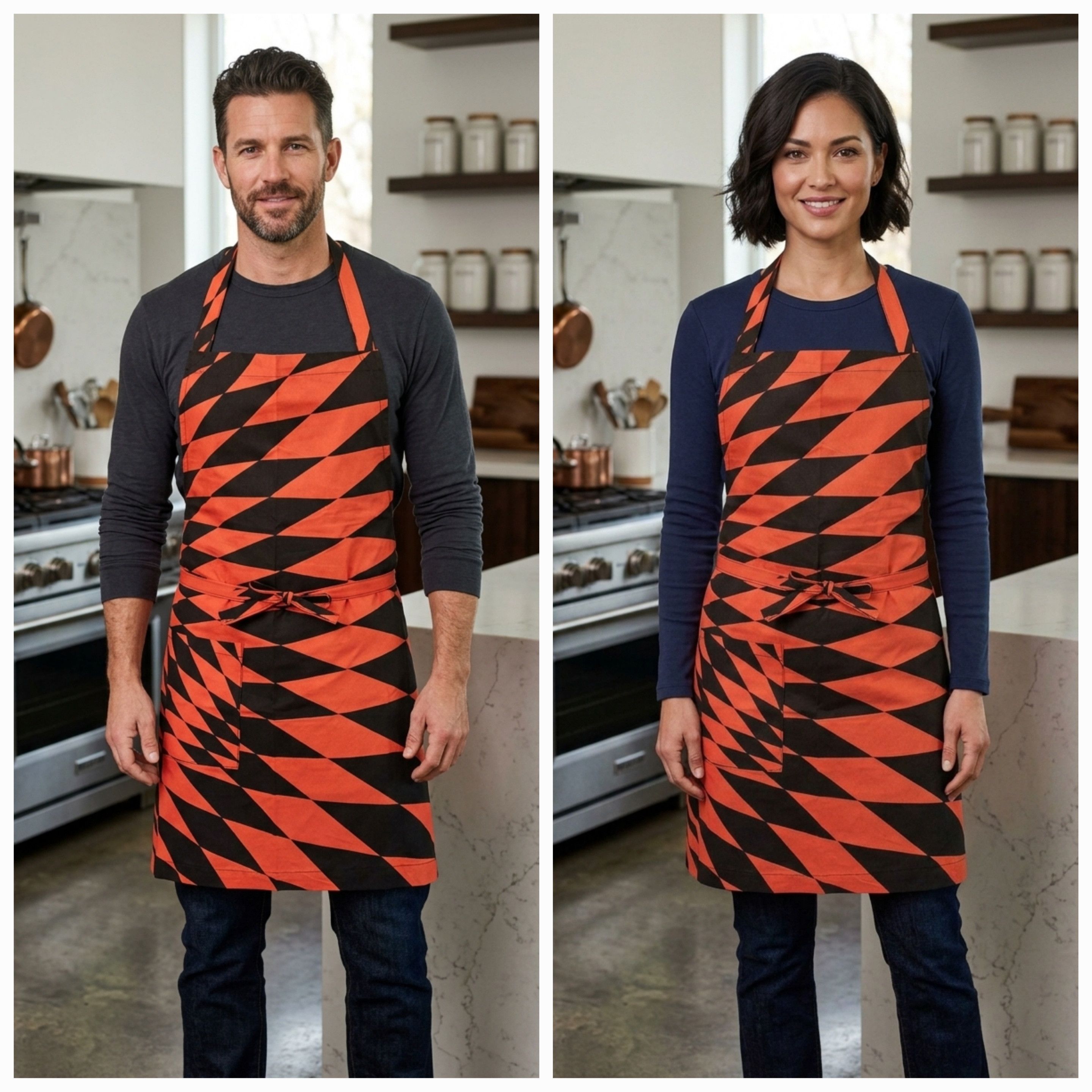 Handmade Apron Unisex M/L Black Red Diamond Pocket Extra Long Ties Size ONE SIZE - 4 Thumbnail