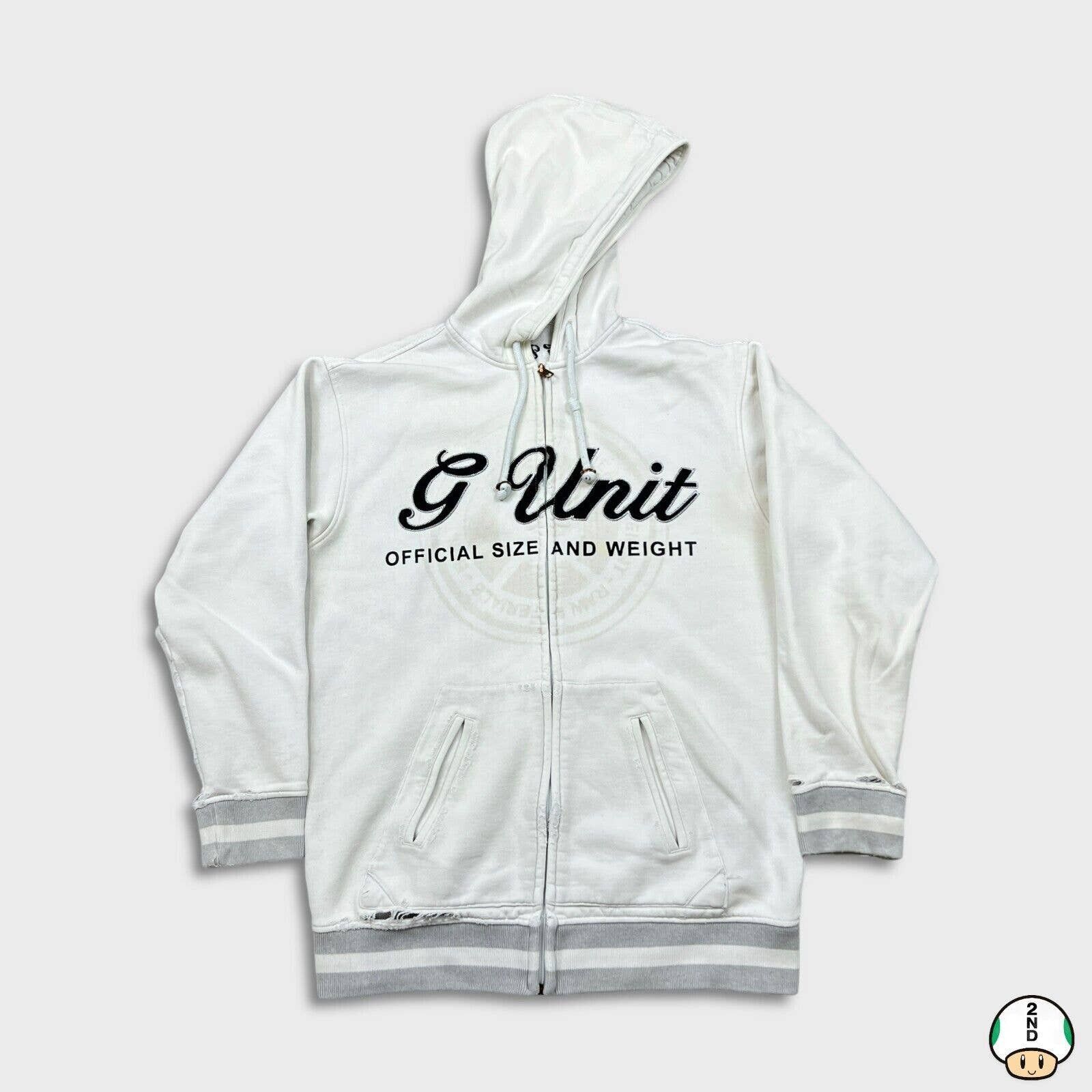 image of Vintage Y2K 50 Cent G Unit Thrashed Zip Up Rap Hoodie in White, Men's (Size Medium)
