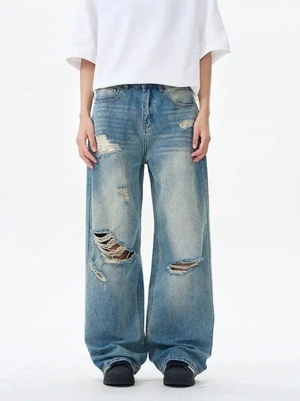 Japanese Brand Kei Men's high street trend ripped distressed straight jeans Size US 32 / EU 48 - 1 Thumbnail