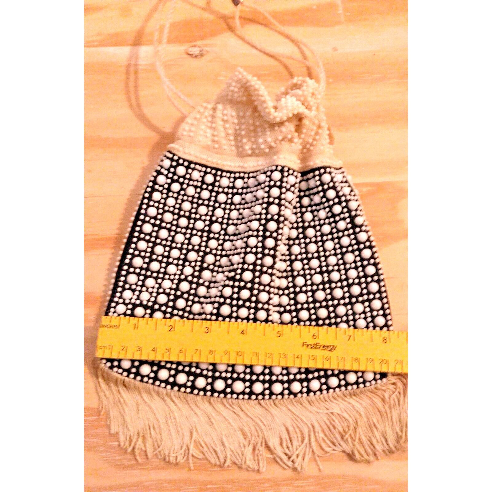 The Unbranded Brand 50s Navy/Wte Fringe Bead Eve. Bag Drawstring Polycord Handle Size ONE SIZE - 3 Thumbnail