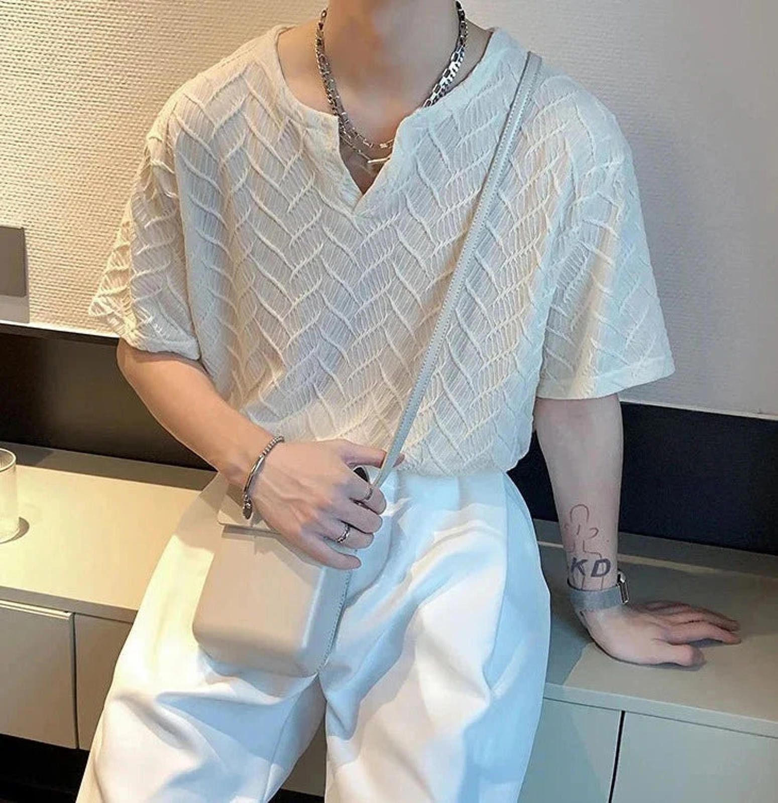 Other Textured Open Neck Woven T-Shirt Size US M / EU 48-50 / 2 - 3 Thumbnail