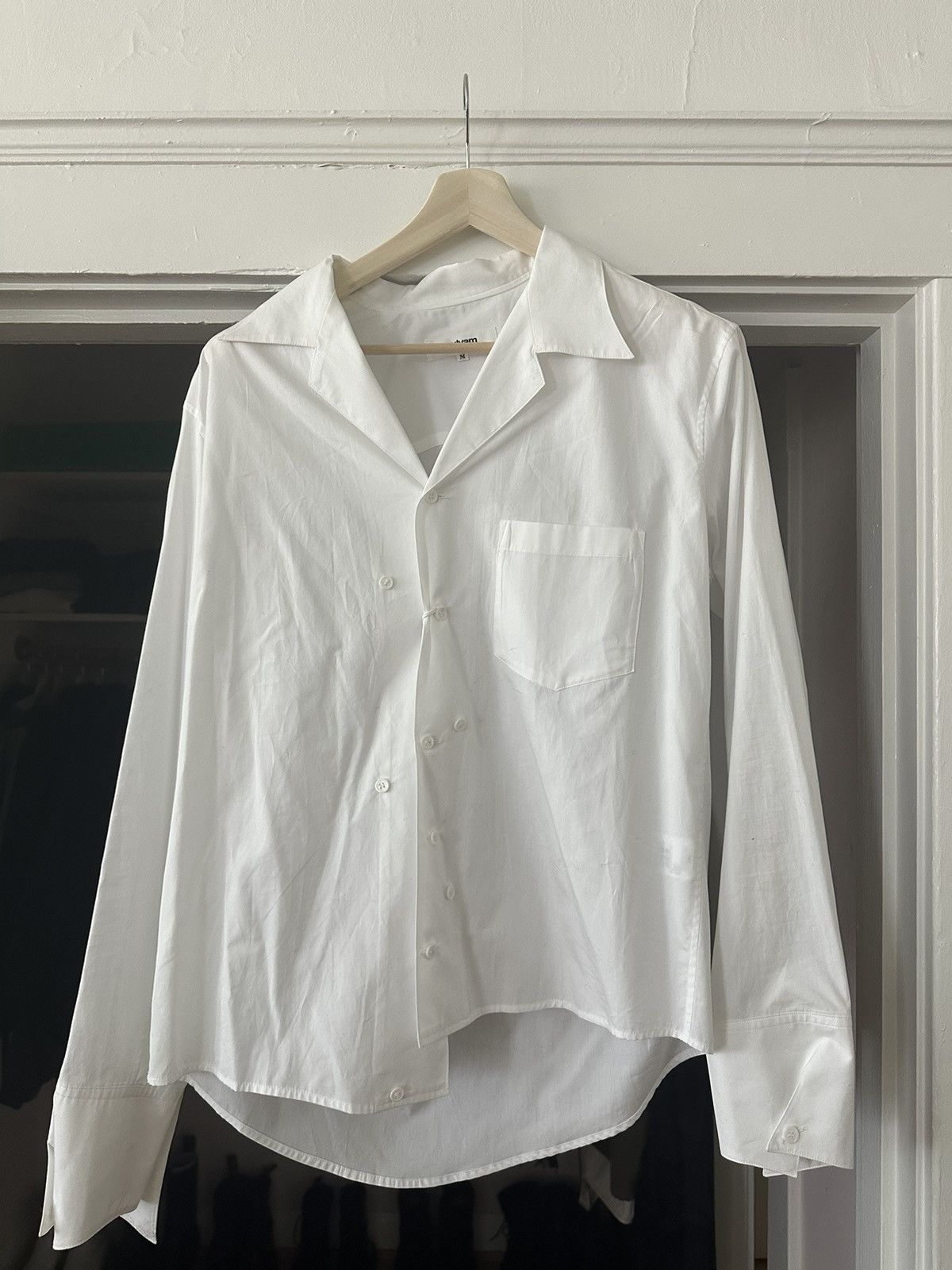 Sulvam White Asymmetric Open Collar Shirt
