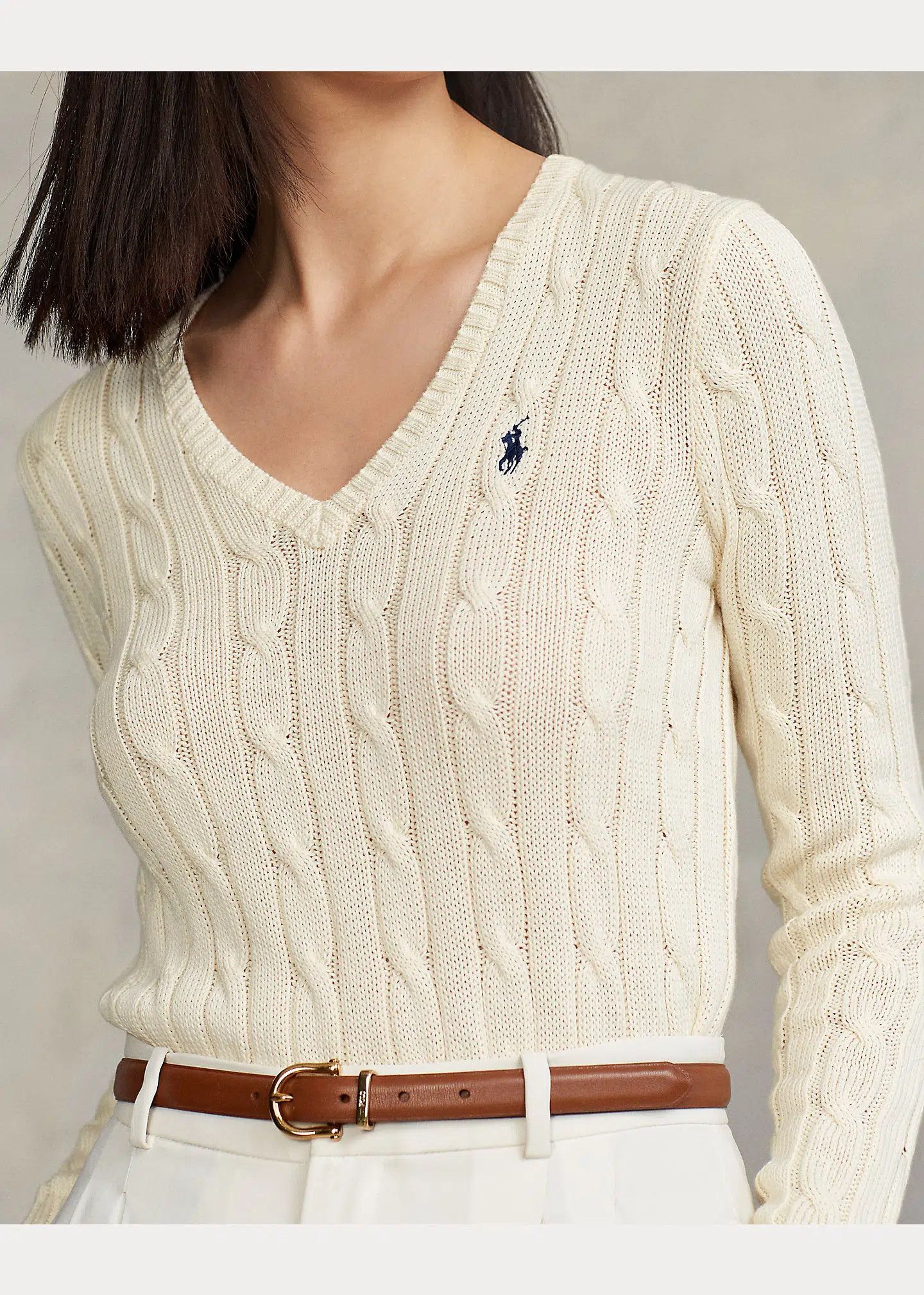 Polo Ralph Lauren Polo Ralph Lauren Kimberly Cable Knit Cream V-neck Sweater Size M / US 6-8 / IT 42-44 - 2 Thumbnail