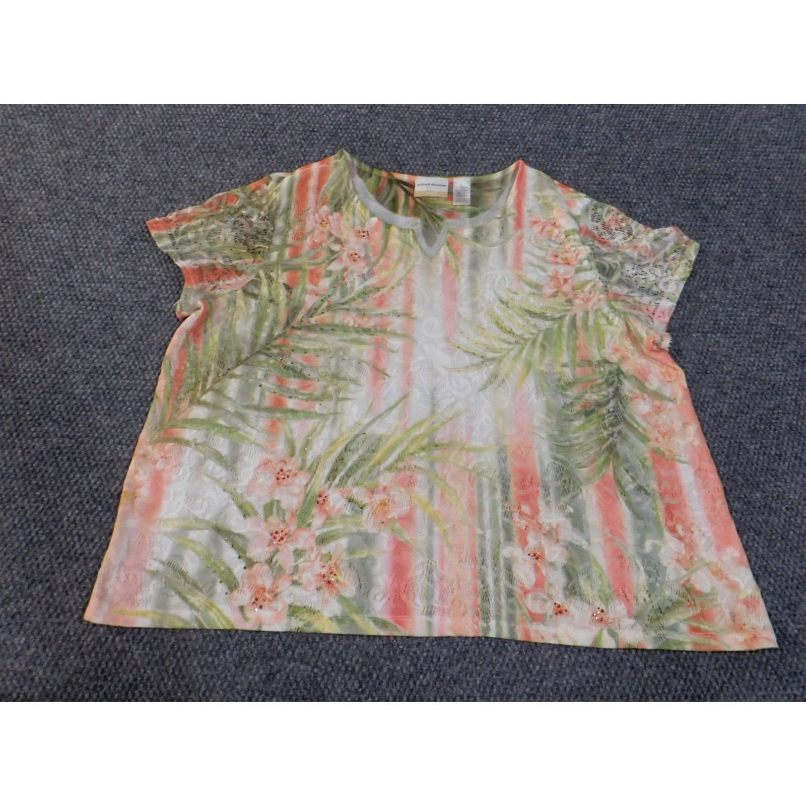 Vintage Alfred Dunner Blouse Womens 2X Green Floral Geometric Sheer Short Sleeve Lace Collared Pullover Plus Size Regular Fit Classic Vintage: No Size XXL / US 16-18 / IT 52-54 - 2 Thumbnail