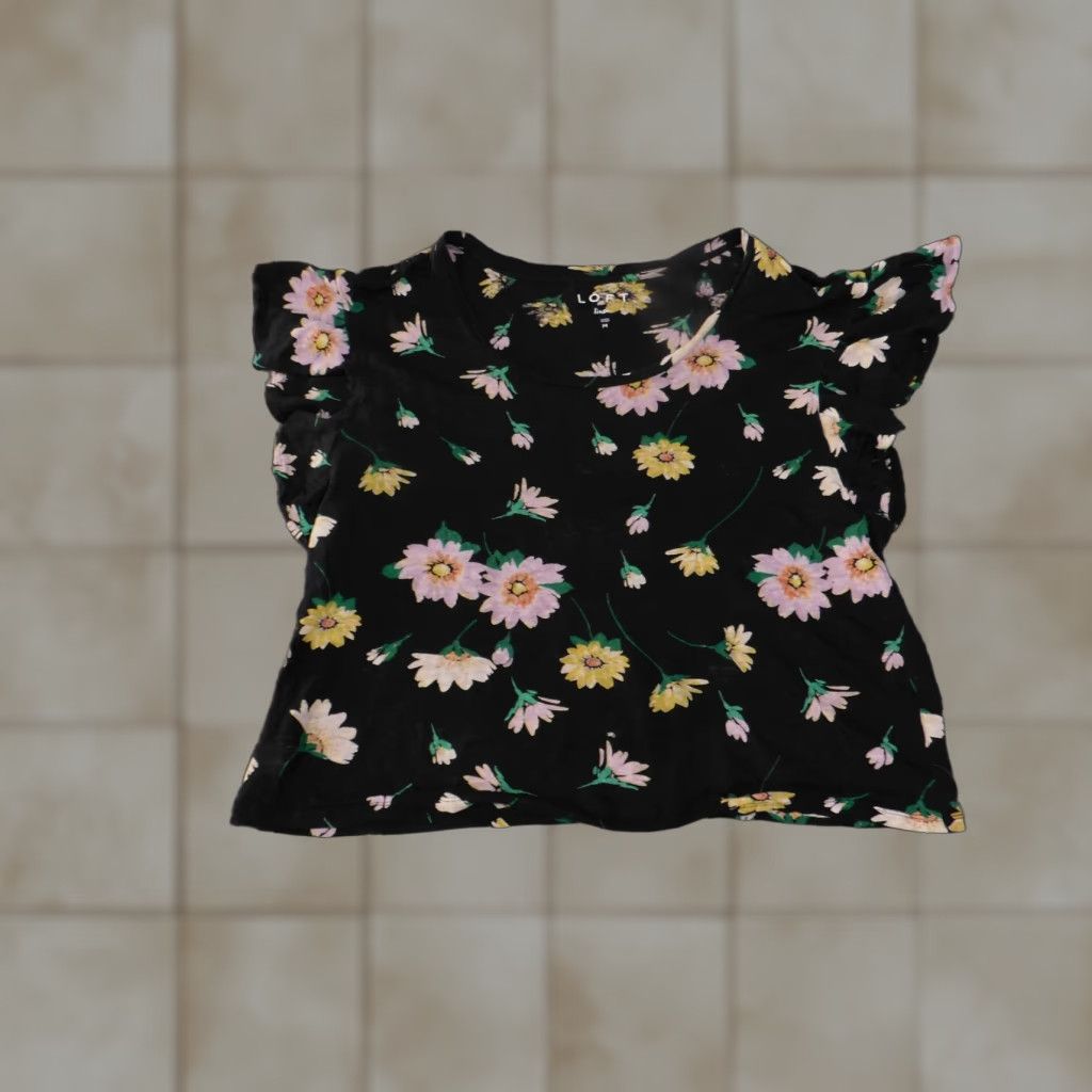 Loft LOFT Shirt Womens Medium Black Pink Yellow Floral Linen Ruffle Sleeve Blouse Size M / US 6-8 / IT 42-44 - 1 Thumbnail