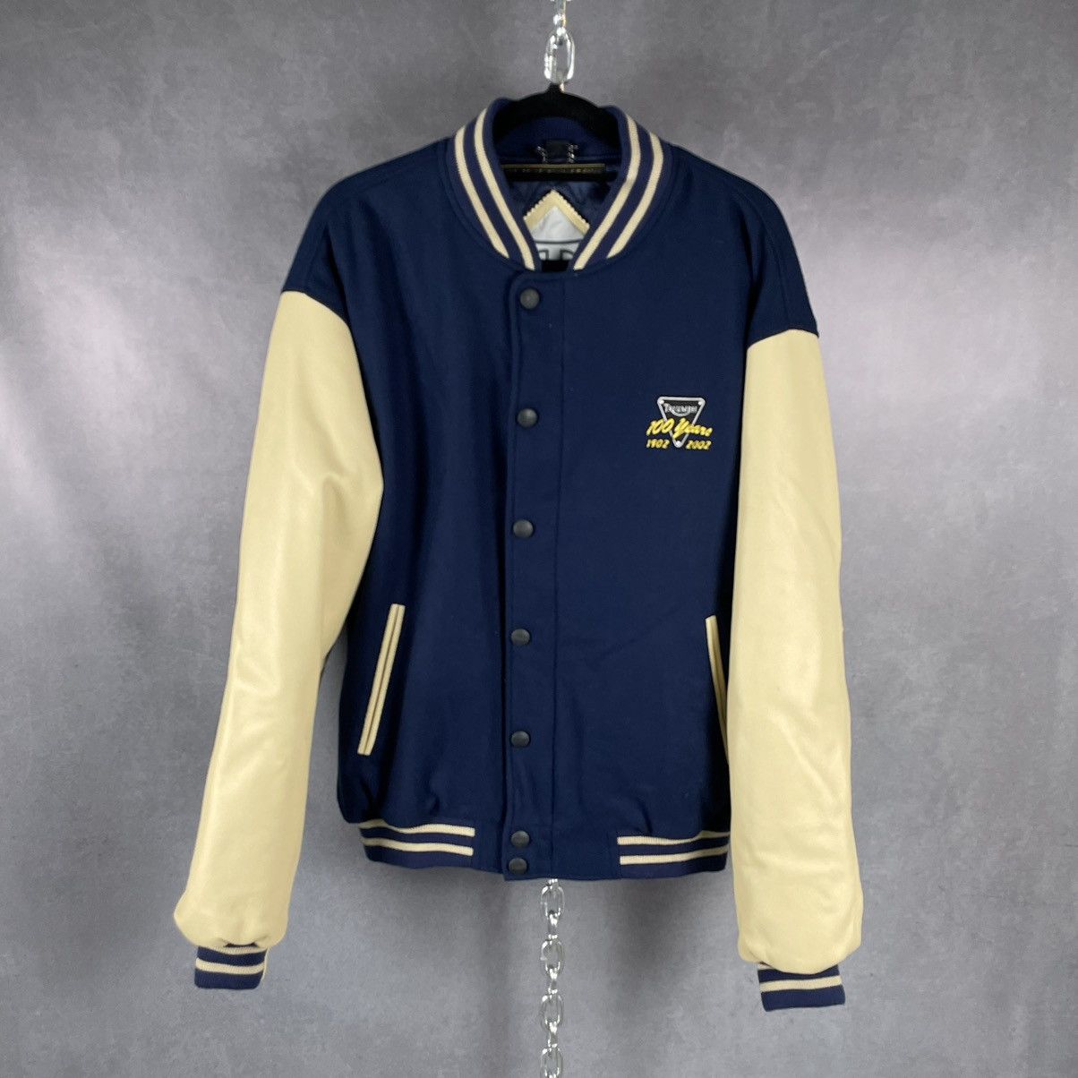 image of Vintage Triumph 100 Year Anniversary Letterman’S Jacket in Blue, Men's (Size Large)