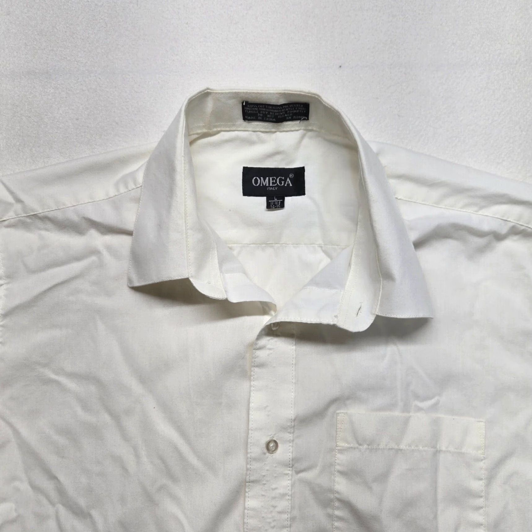 Omega VINTAGE Omega Shirt Regular White 16-16.5 L Mens Long Sleeve Dress Shirt Button Up 60/40 Cotton-Poly Convertible Cuff Size 42R - 2 Thumbnail