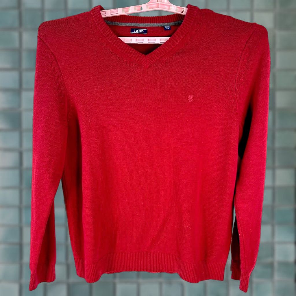 Izod IZOD Mens Sweater Long Sleeve V-Neck Red Pullover Size L Knit Cotton Blend Solid Casual Size US L / EU 52-54 / 3 - 1 Thumbnail