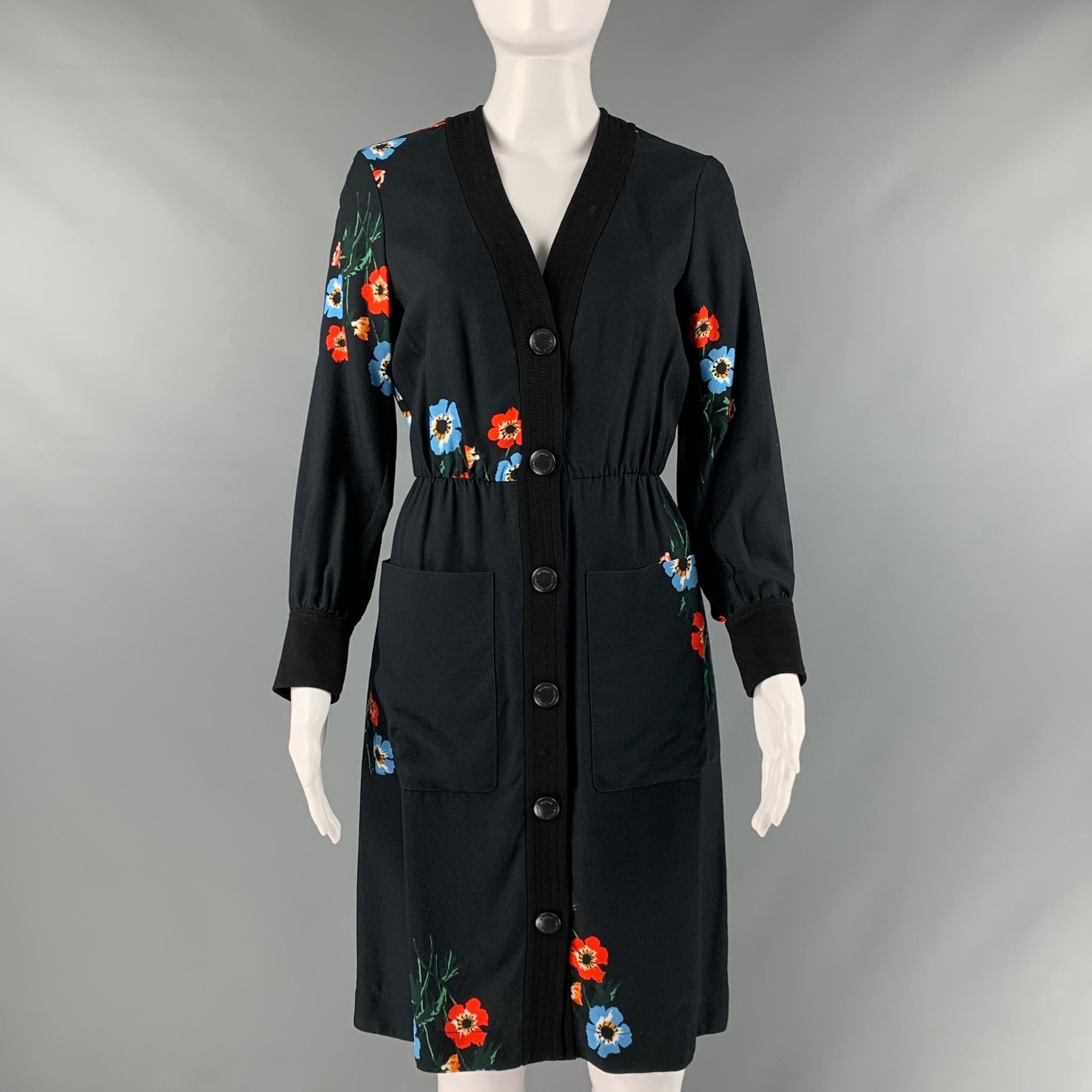 image of Sonia Rykiel Black Multicolor Viscose Floral Snaps Dress, Women's (Size Small)