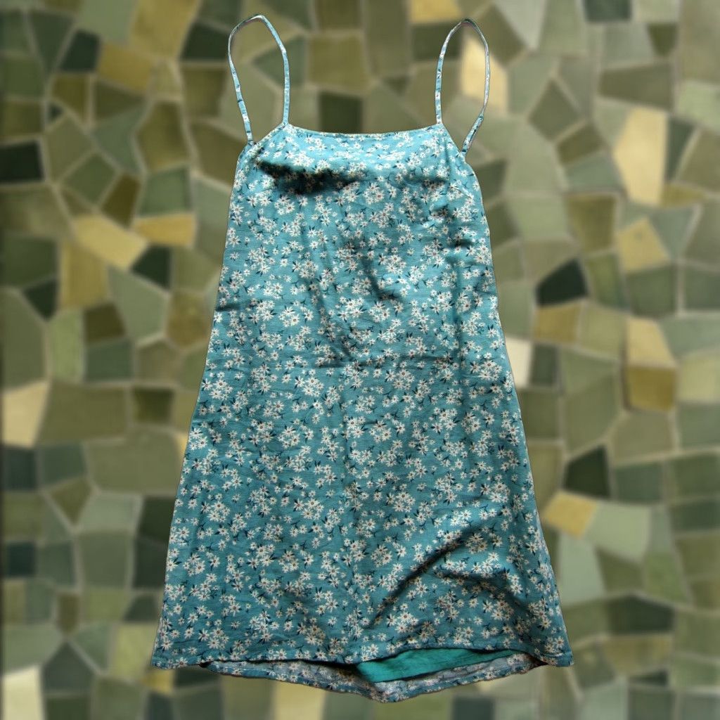 American Eagle Outfitters VINTAGE New American Eagle Linen Cotton Green White Yellow Daisy Tank Slip Dress Small Size S / US 4 / IT 40 - 1 Thumbnail