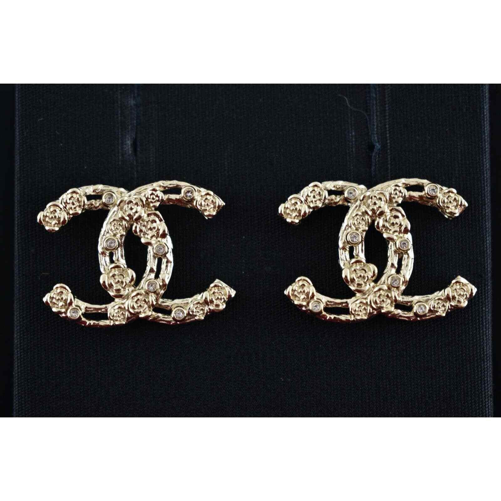 Chanel Chanel Gold Crystal Camellia Statement Drop Stud Earrings Size ONE SIZE - 1 Thumbnail