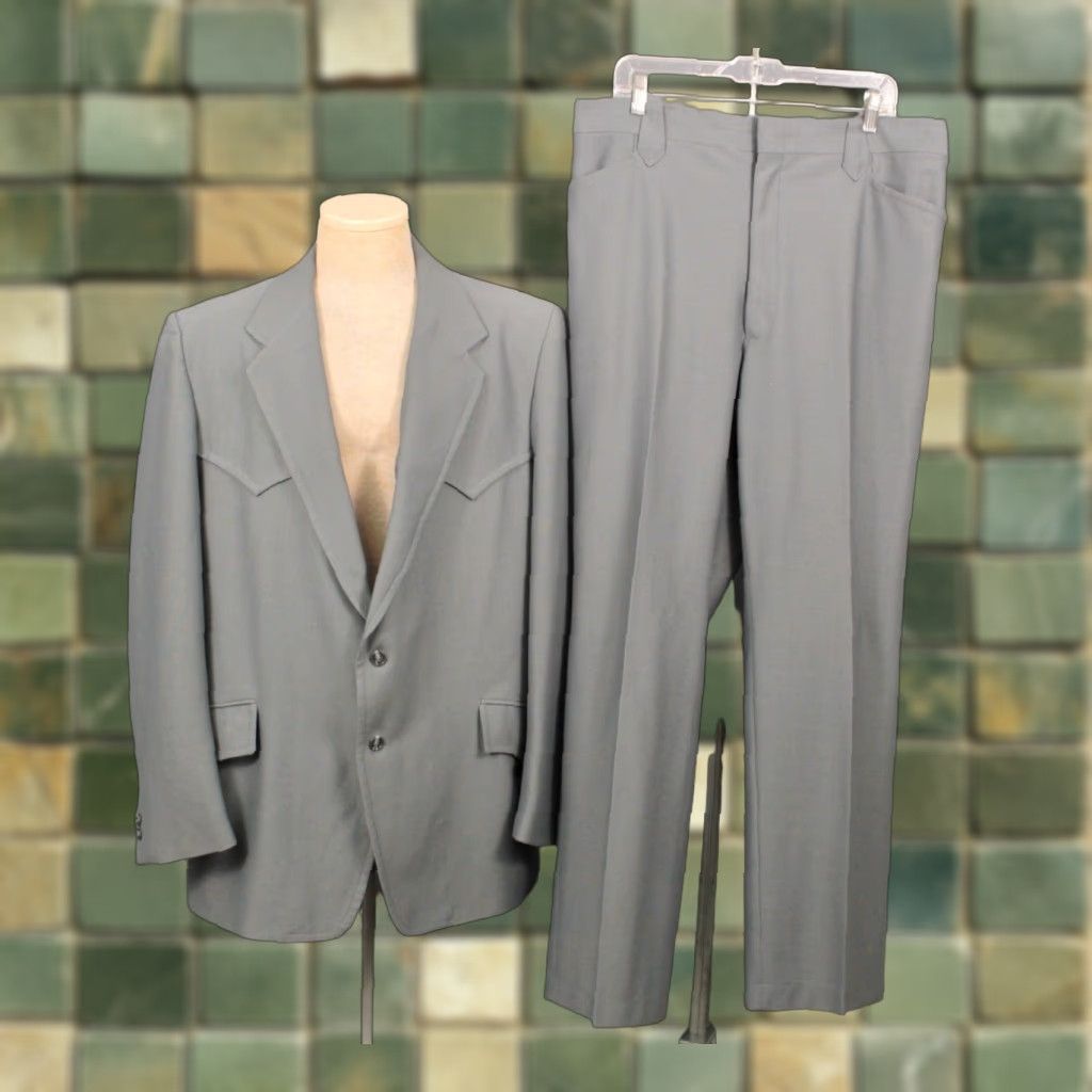 Vintage VINTAGE Men's VTG 70s Grey 2 PC Western Leisure Suit Sz L 1970s Disco Polyester Shirt Jacket Mens Size 42R - 1 Thumbnail