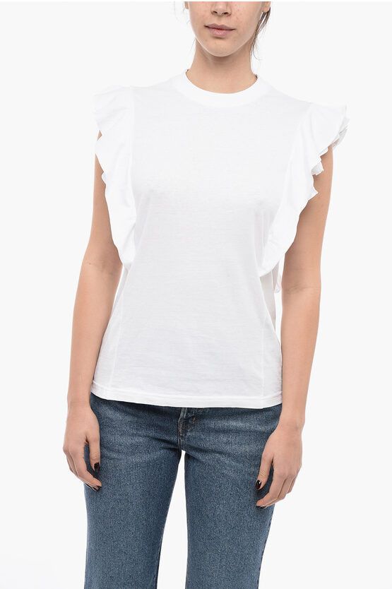 image of Chloe Crew Neck Stretch Cotton T-Shirt With Ruffled Sleeves in White, Women's (Size Medium)