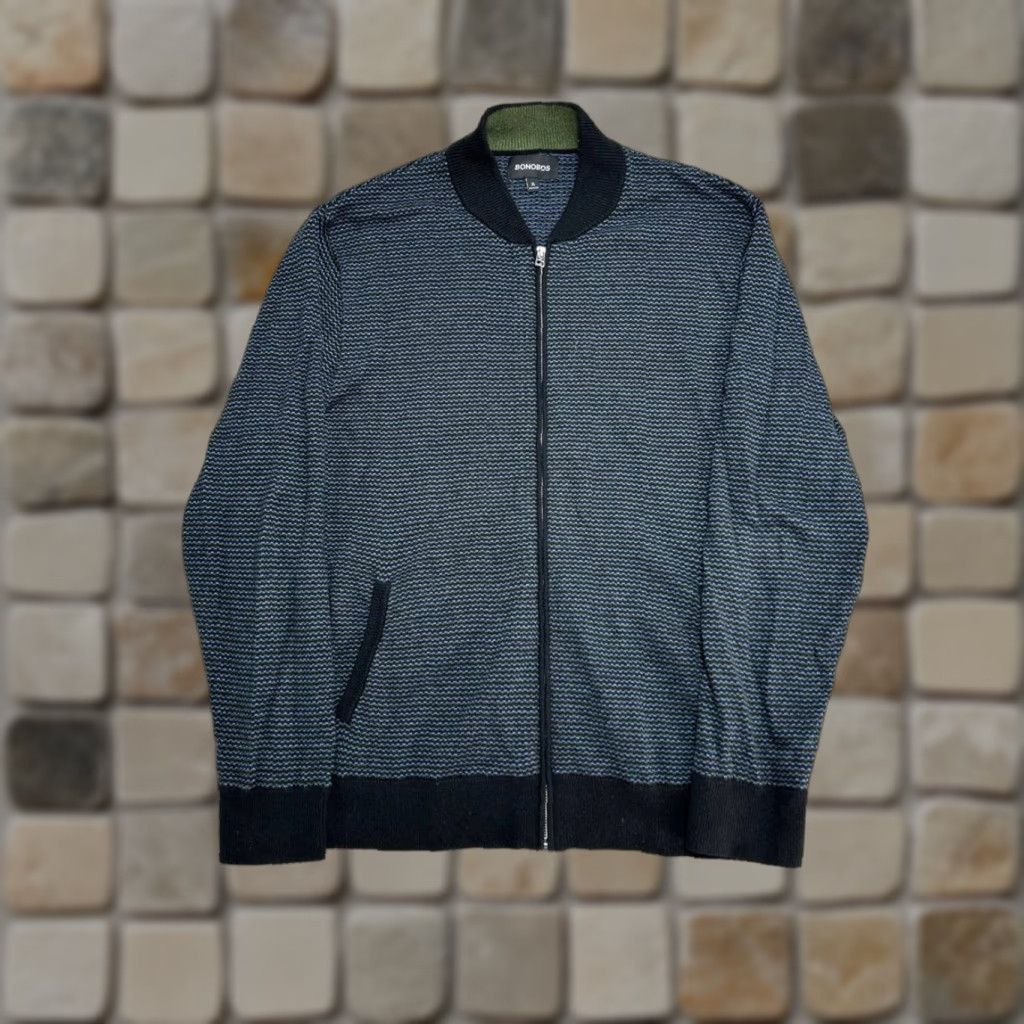 Bonobos Bonobos Bomber Jacket Mens XL Blue Full Zip Striped Knit Cotton Cashmere Jacket Size US XL / EU 56 / 4 - 1 Thumbnail