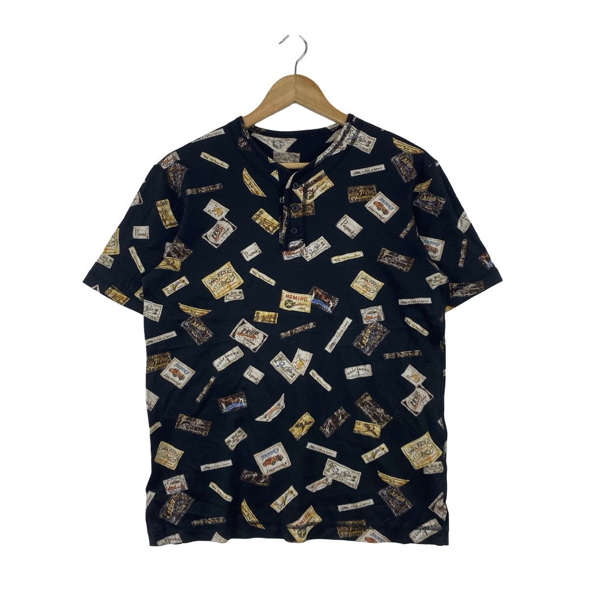 Vintage Vintage POSTAGE STAMP ALLOVER Print Henley Graphic Pattern Size US S / EU 44-46 / 1 - 3 Thumbnail