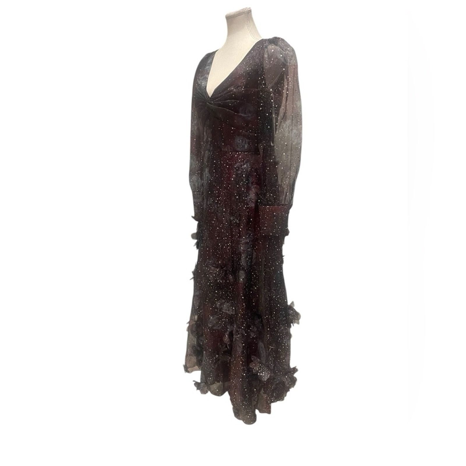 Marchesa Marchesa Norte Gown 3D Floral Purple Black Organza Foiled Size L / US 10 / IT 46 - 6 Thumbnail