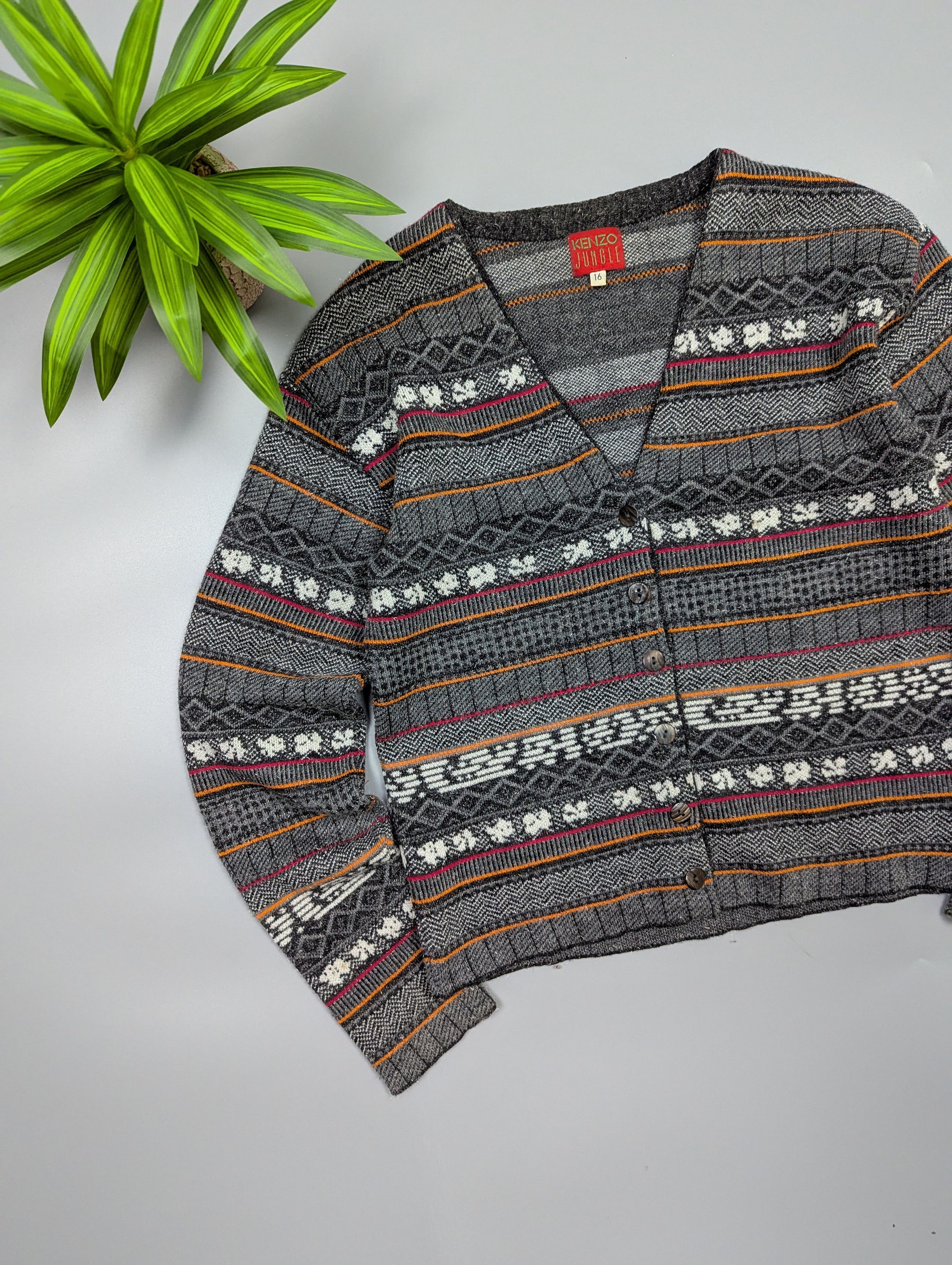 Kenzo KENZO JUNGLE 80s Womens Fair Isle Knitted Cardigan Sweater Size XS / US 0-2 / IT 36-38 - 2 Thumbnail