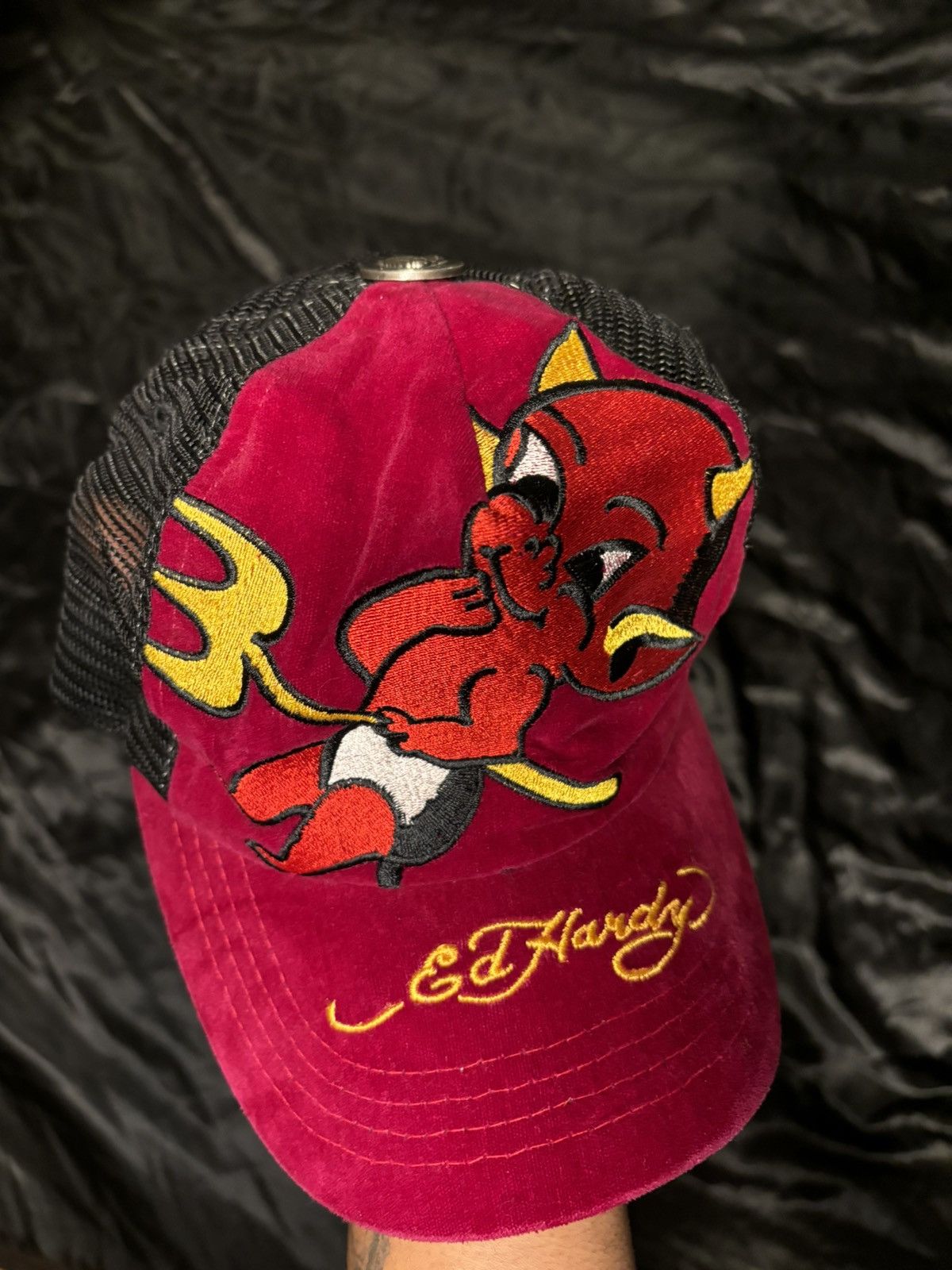 Ed Hardy Velvet Red Devil Y2K Hardy Cap | Grailed