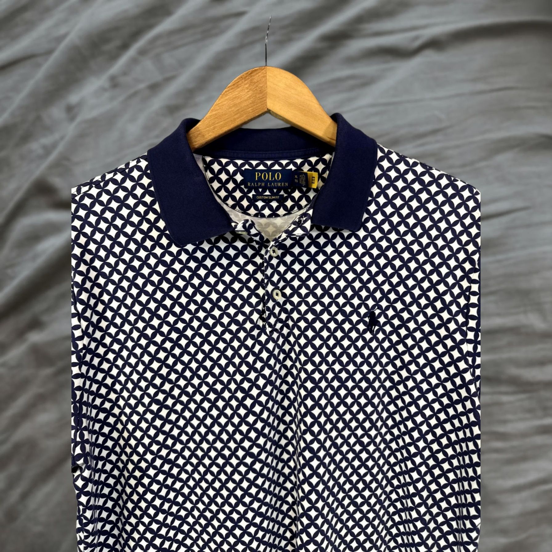 Polo Ralph Lauren Polo Shirt Mens XL Blue White Geometric Print 100% Cotton Slim Fit Collared Short Sleeve