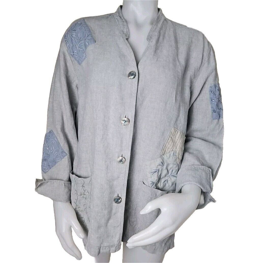 Vintage J JIll Unstructured Linen Jacket Womens M Sage Lagenlook Emb Size M / US 6-8 / IT 42-44 - 1 Thumbnail