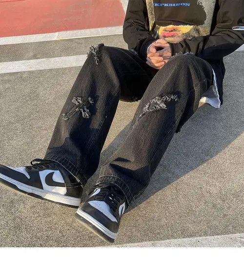 image of Vintage Black Frayed Cross Lightning Print Denim, Men's (Size 28)