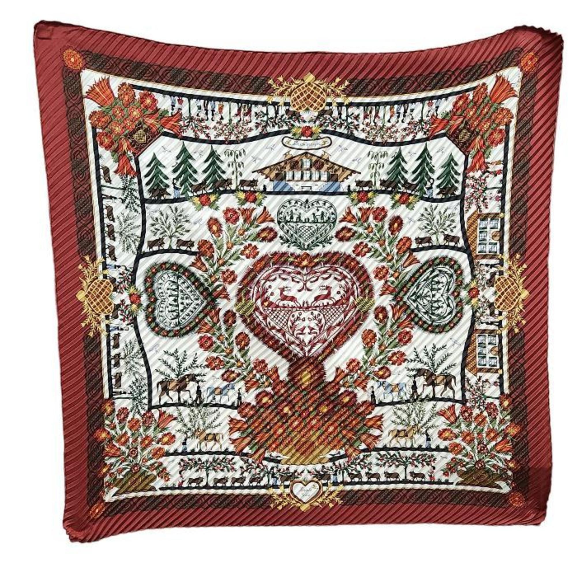 image of Hermes Carre 90 Pleated Muffler/scarf Decoupages Decoupage Bordeaux 100% Silk in Red, Women's
