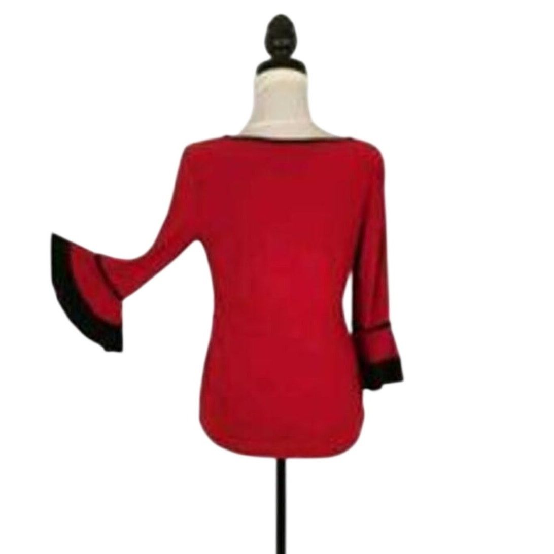 Other Liz McCoy Size Small Red 3/4 Bell Sleeve Top Black Accents Size S / US 4 / IT 40 - 3 Thumbnail
