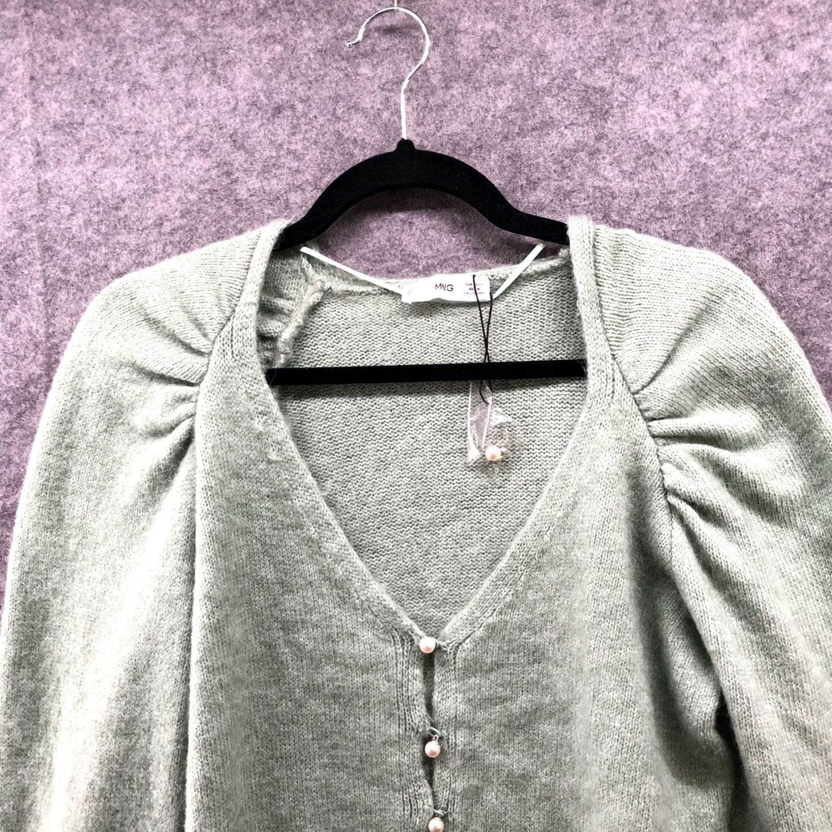Mango Mango Cardigan Puff Sleeve Womens M Sage Green Pearl Button V-Neck Soft Knit Lightweight Counter Size M / US 6-8 / IT 42-44 - 3 Thumbnail
