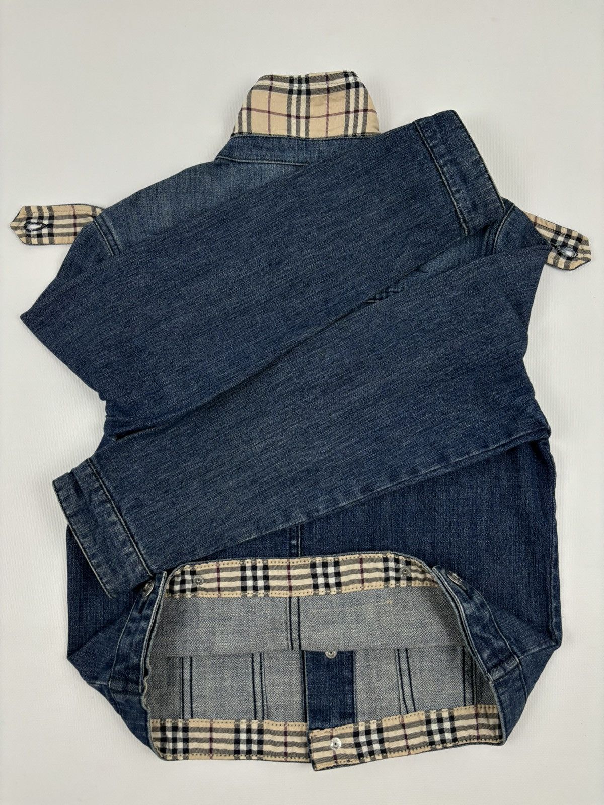 Burberry × Burberry Prorsum × Vintage BURBERRYS Nova Check Trim Denim Blue Trucker Buttons Jacket Jean Crop Bomber XS-S Size XS / US 0-2 / IT 36-38 - 12 Thumbnail