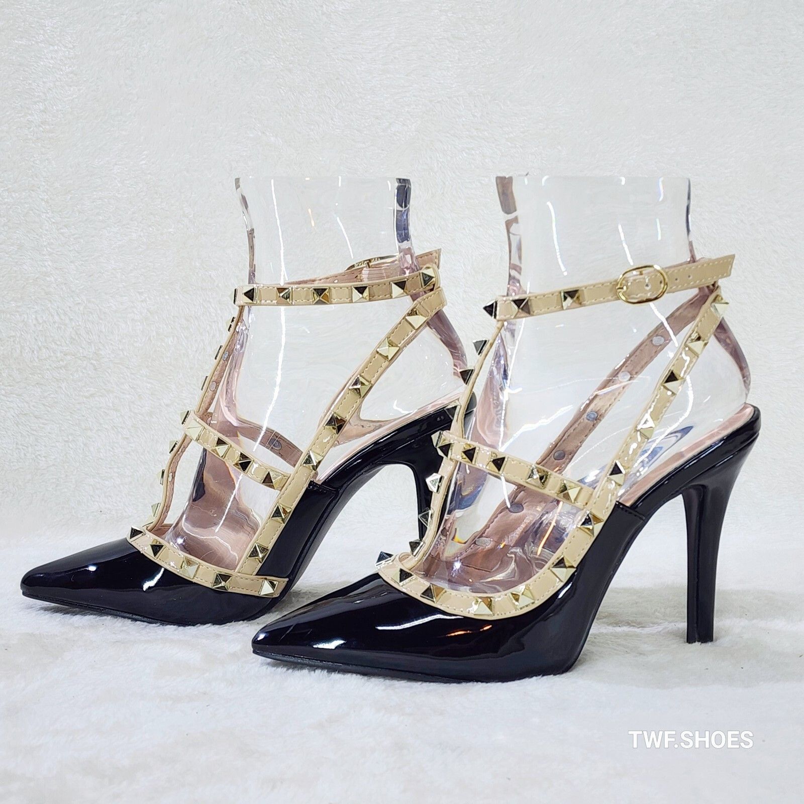 Other Caged Black Patent Studded Strappy Stiletto High Heel Shoes Size US 6 / IT 36 - 1 Thumbnail