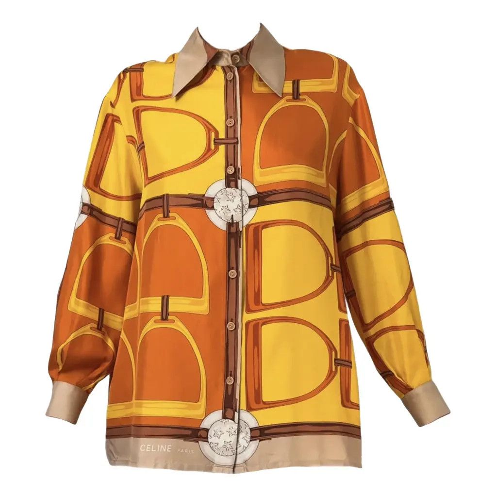 Celine Celine Orange Silk Long Sleeve Button Up Blouse Tops Size L / US 10 / IT 46 - 2 Thumbnail