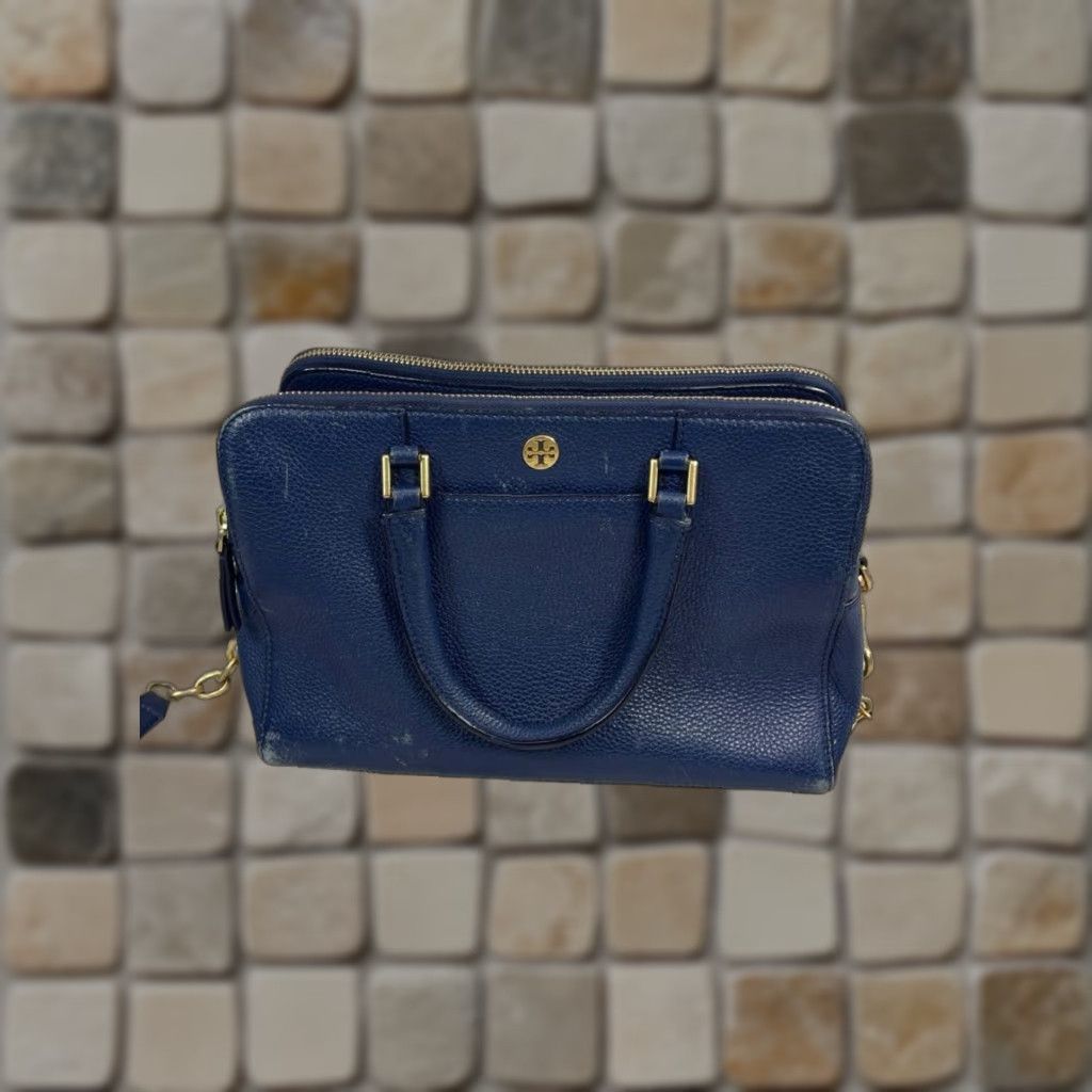 Tory Burch Georgia Navy Pebble Leather Satchel Bag Medium Crossbody Strap Detachable Strap, Women's