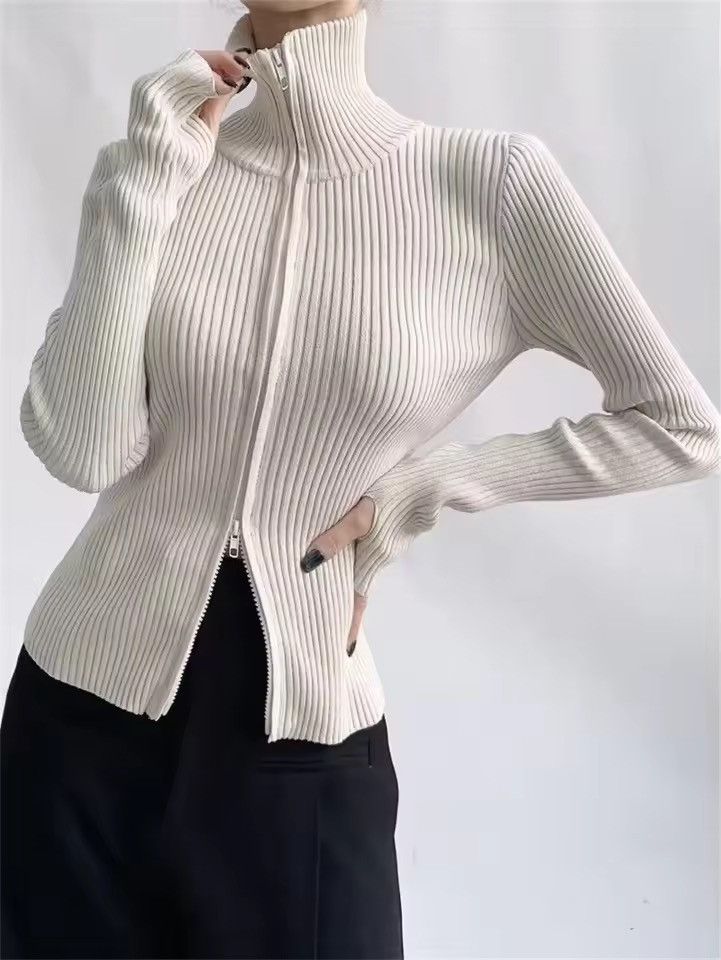 Japanese Brand Minimalist Full-Zip Ribbed Knit Turtleneck Sweater Size M / US 6-8 / IT 42-44 - 2 Thumbnail