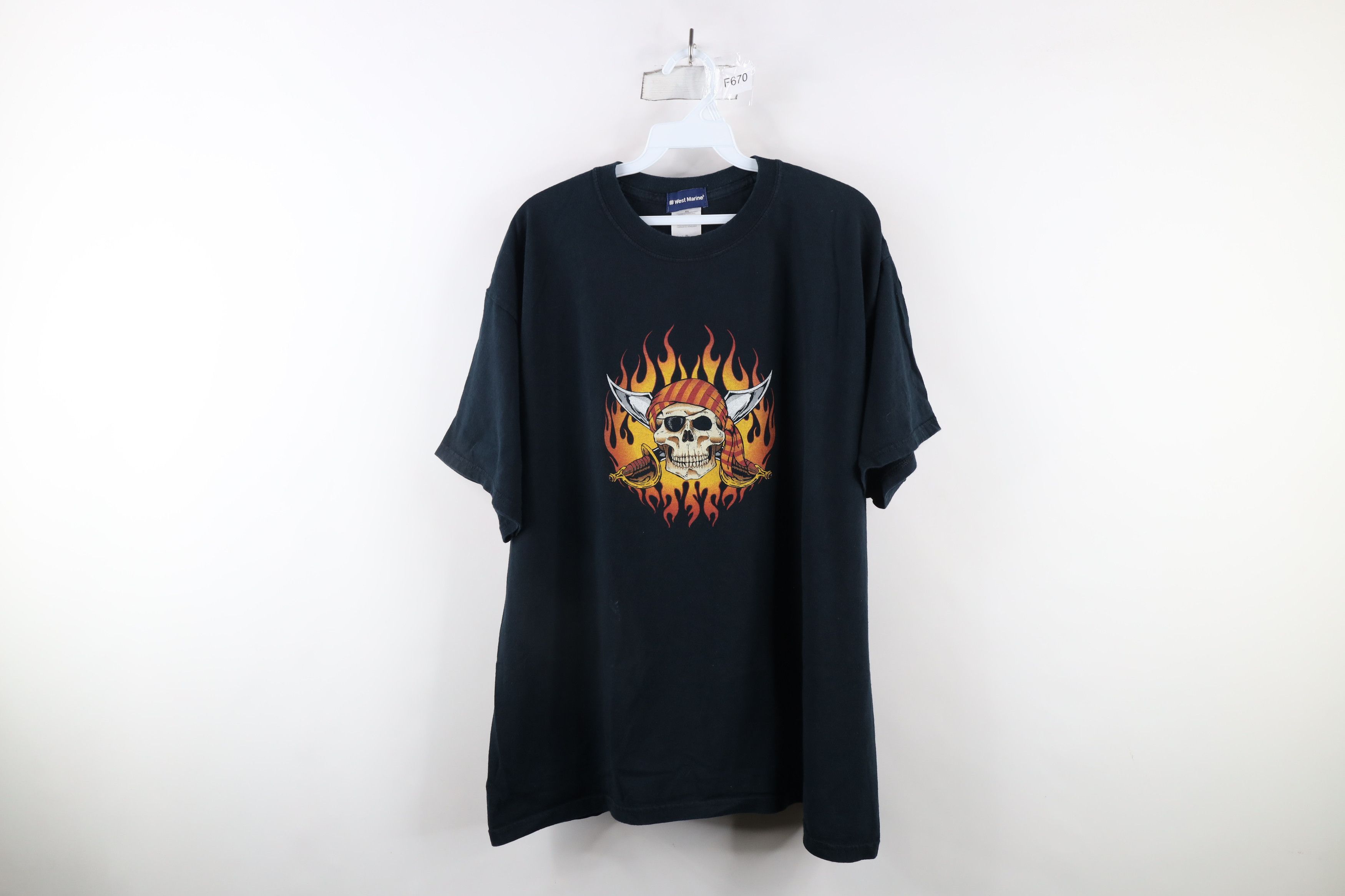 Vintage Vintage 90s Streetwear Skull Fire Flames Sword T-Shirt Size US XL / EU 56 / 4 - 1 Thumbnail