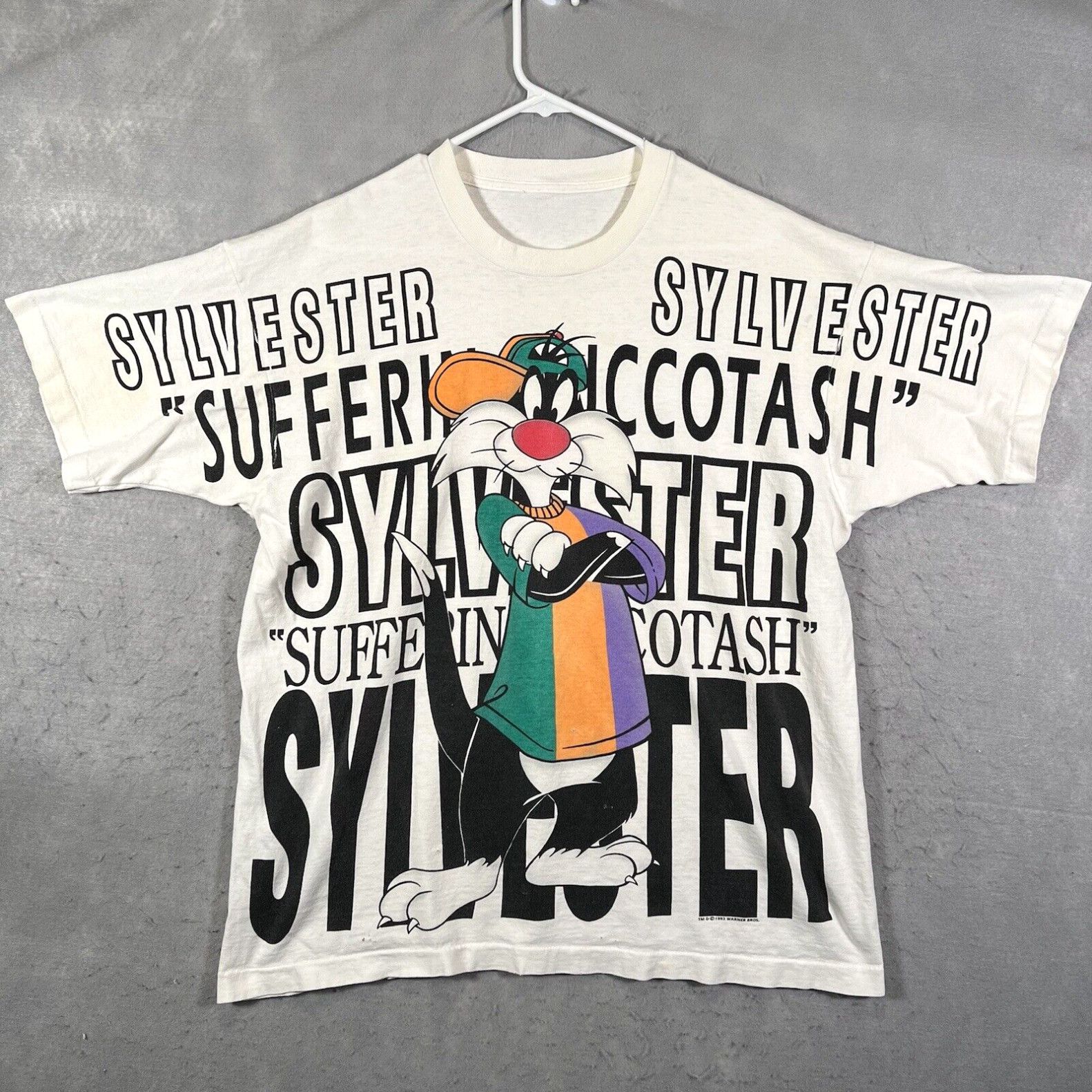 image of A1 Vintage Looney Tunes Sylvester Cartoon T-Shirt Mens Size XL White Aop