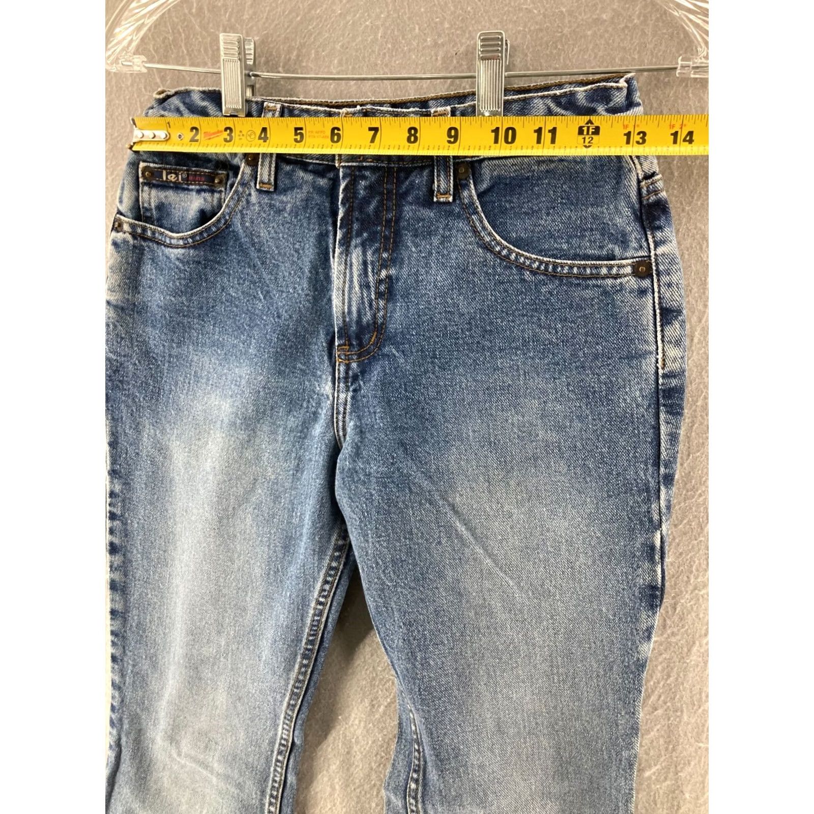 Vintage LEI Jeans Womens 3 Flare Cut Low Rise Distressed 90s Embroidered Jeans Juniors Blue 3 Pocket Distressed Little Boho Hipster Retro Womens Size 26" / US 2 / IT 38 - 2 Thumbnail